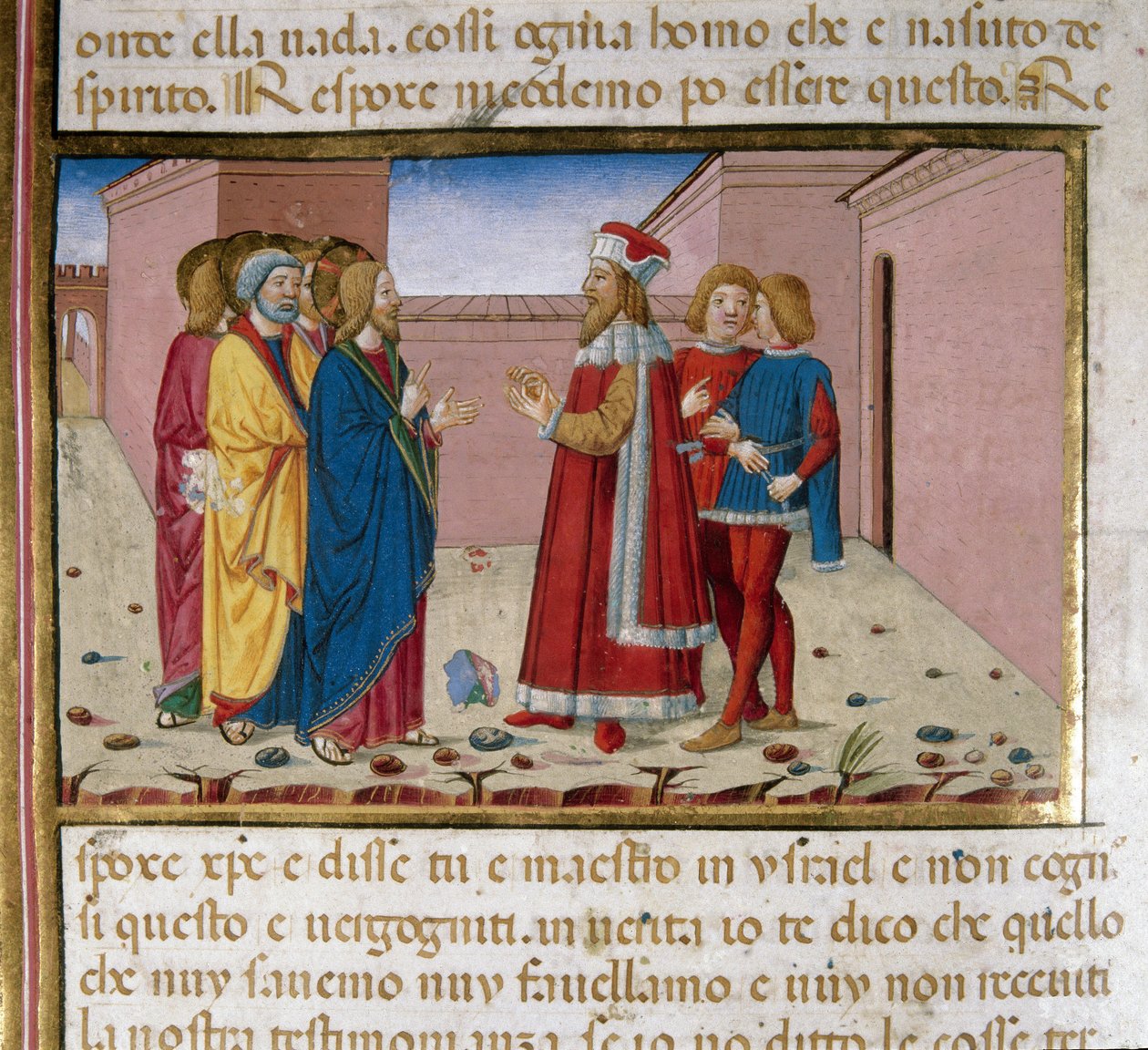 Nikodéma, a farizeus meglátogatja Jézus miniatűrjét, Cristoforo De Predis (1440-1486) az Újszövetség története után (58. köv.) alkotó: Cristoforo De Predis