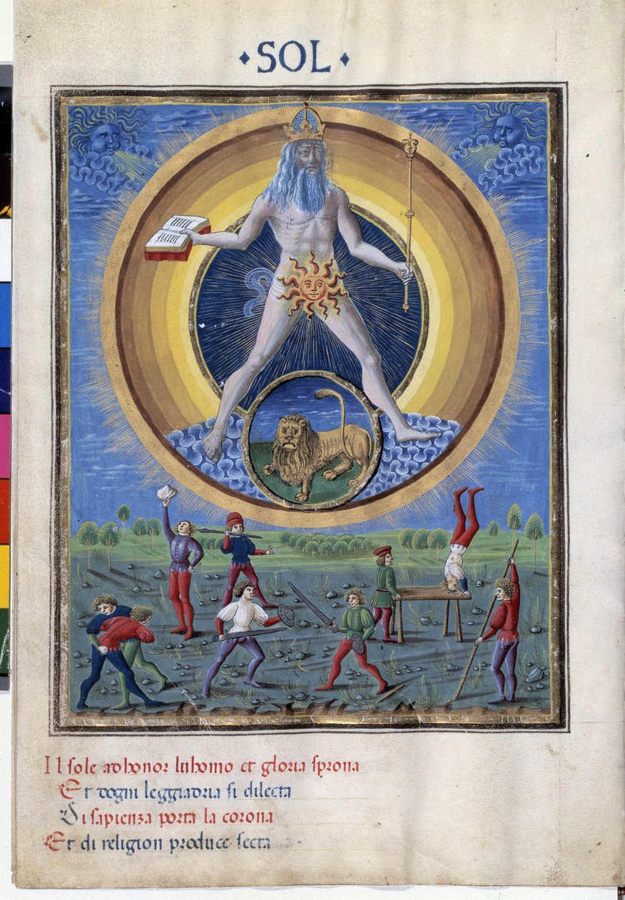 Nap az oroszlán csillagjegyével. Lent férfi fizikai gyakorlatok jelenetei vannak. Miniatűr, amelyet Cristoforo de Predis (1440-1486) készített – a „” De Sphaera””” d
