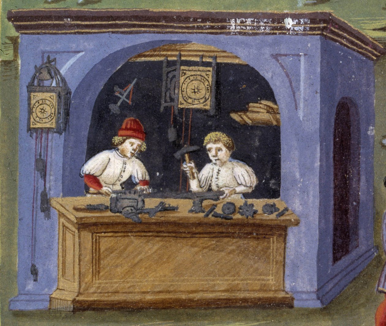 órásmester a „” Hold befolyása „” című filmben: kézművesek. Miniatűr, amelyet Cristoforo de Predis (1440-1486) készített – a „” De Sphaera””” d