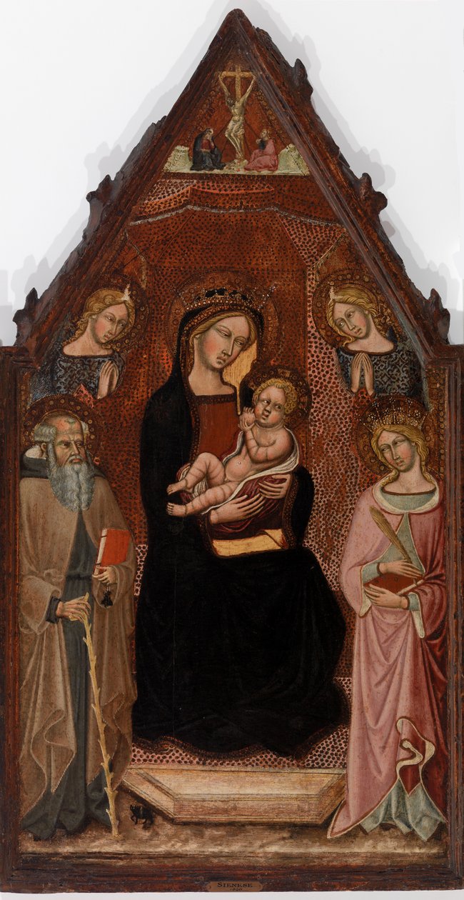 Szűz és gyermek két angyallal és szentekkel Anthony Abbot és Alexandriai Katalin és a keresztre feszítés alkotó: Cristoforo di Bindoccio, Meo