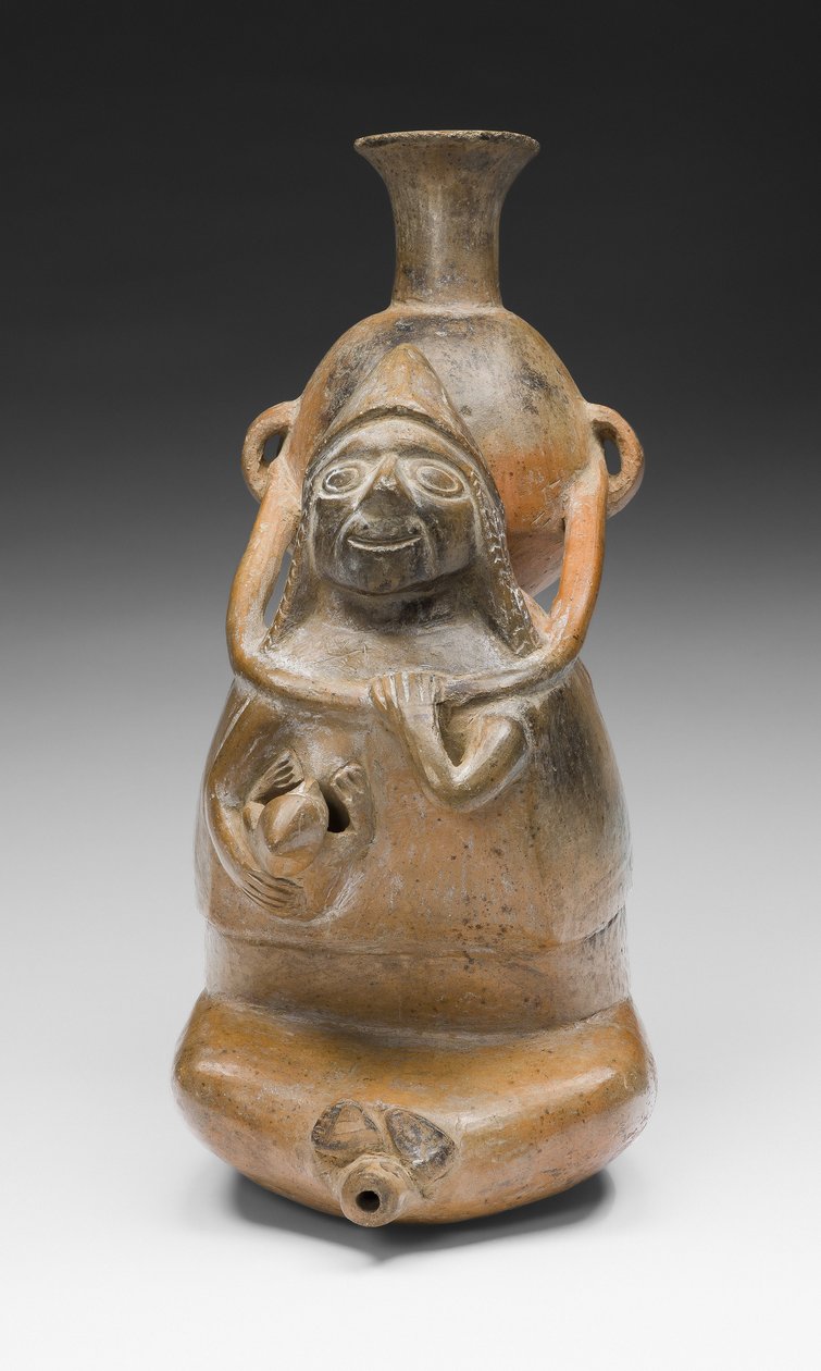 Rituális edény, amely egy edényt hordozó nőt (Aryballos) és gyermeket szoptat, i.sz. 1200-1450 (kerámia és pigment) alkotó: Culture Chimu