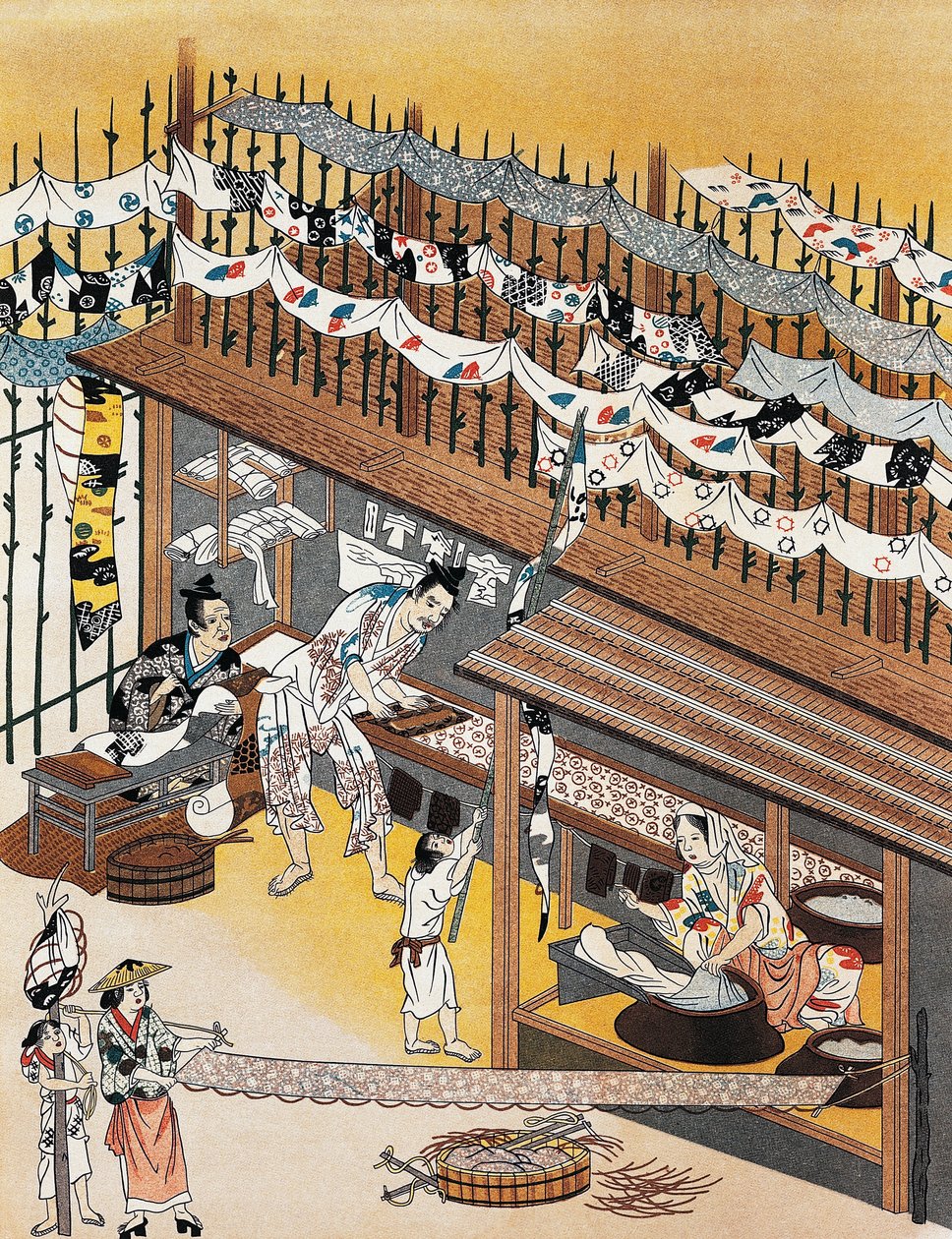 Kézművesek munkában, szitanyomás festés, Edo-korszak (1600-1868) alkotó: Culture Edo