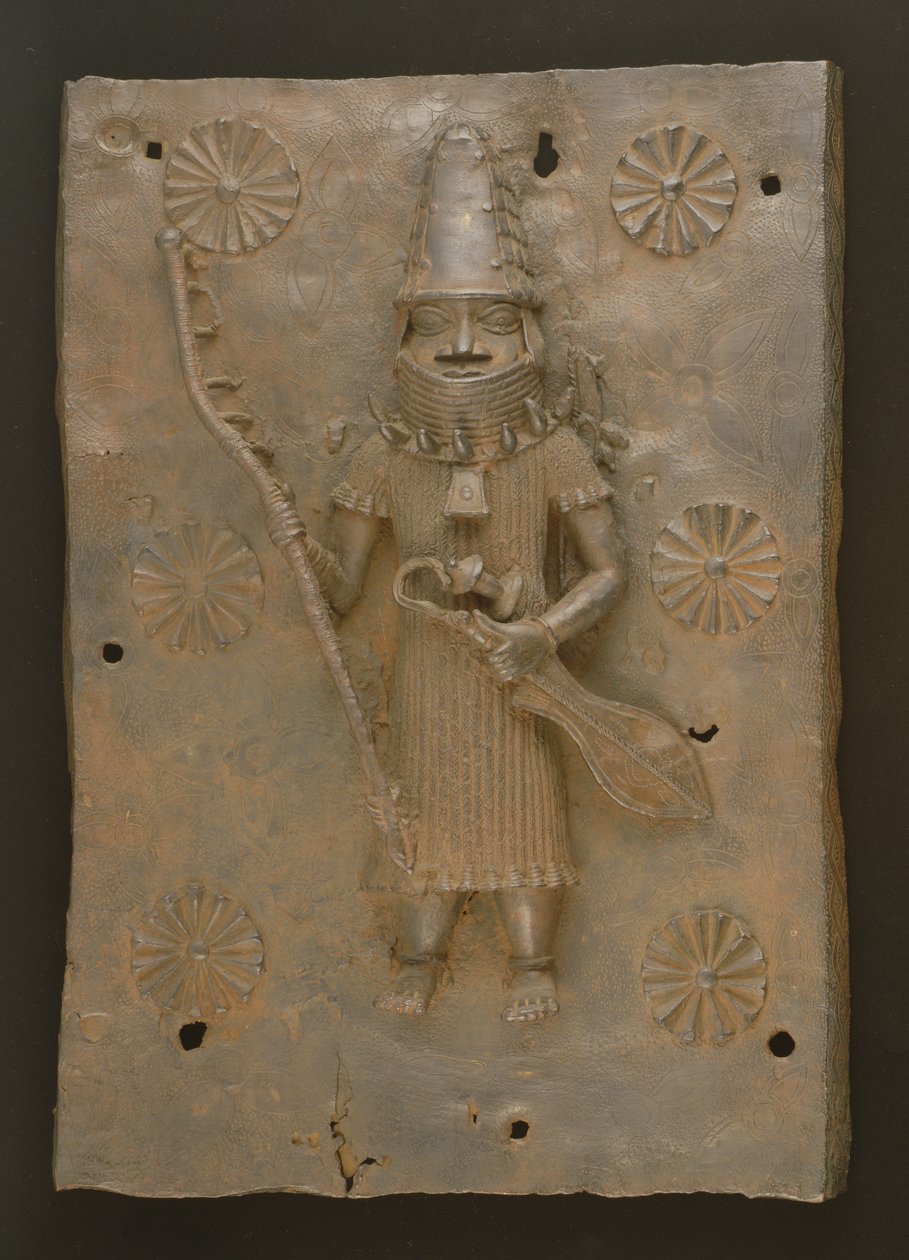 Harcost ábrázoló emléktábla, Benin, Nigéria (bronz) alkotó: Culture Edo