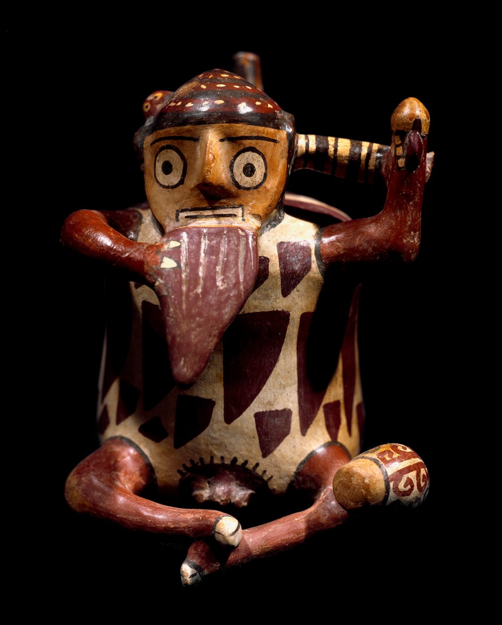 Kolumbiai előtti művészet, Nazca civilizáció: antropomorf váza, amely egy serpenyős fuvolán játszó zenészt ábrázol. Kr.e. 100-800. Lima, Régészeti Múzeum alkotó: Culture Nazca