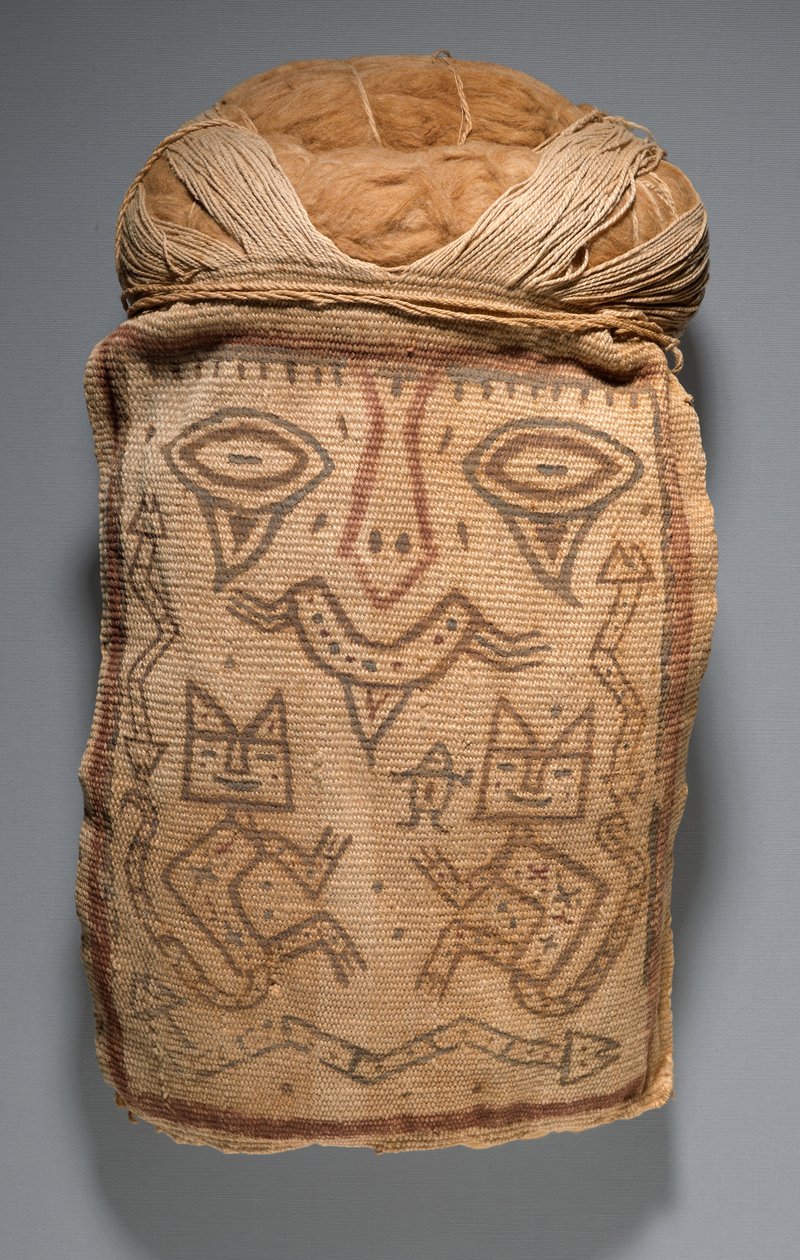 Hamis fej temetkezési köteghez vagy múmiamaszkhoz, ie 200-100 (pamut és pigmentek) alkotó: Culture Paracas