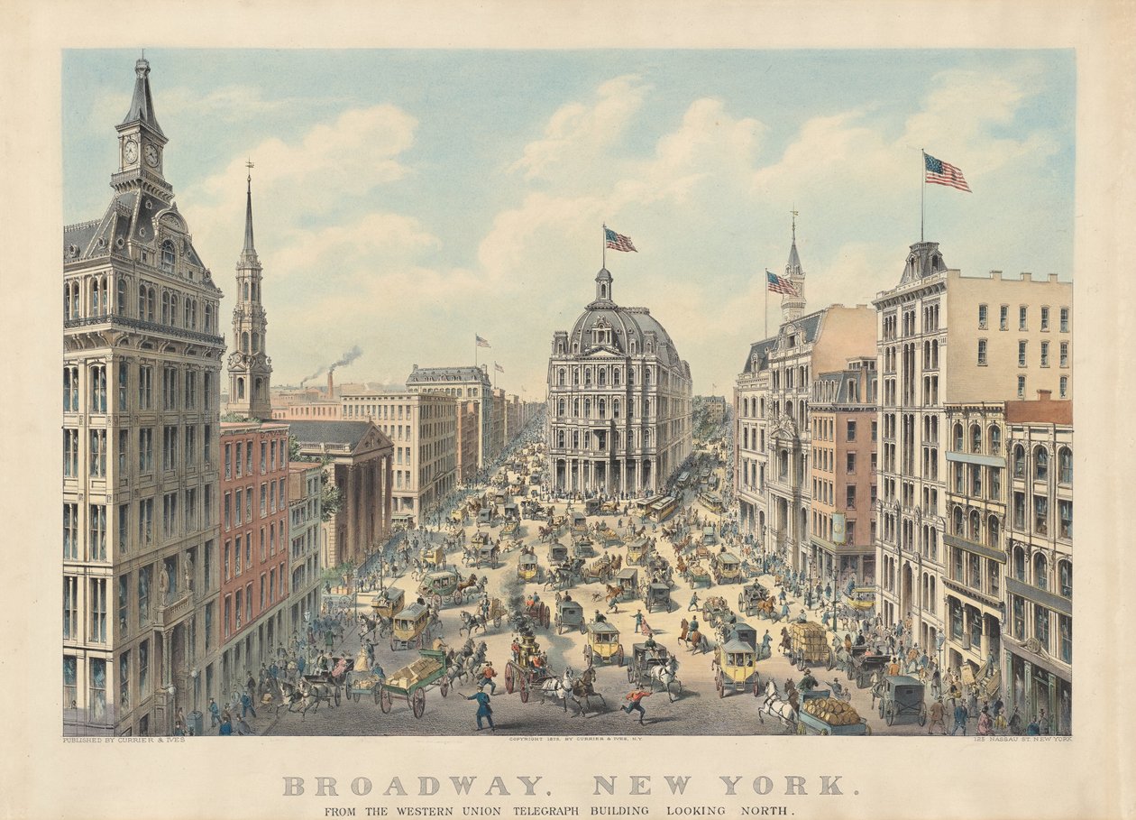 Broadway, New York: A Western Union Telegraph épületéből északra nézve alkotó: Currier and Ives