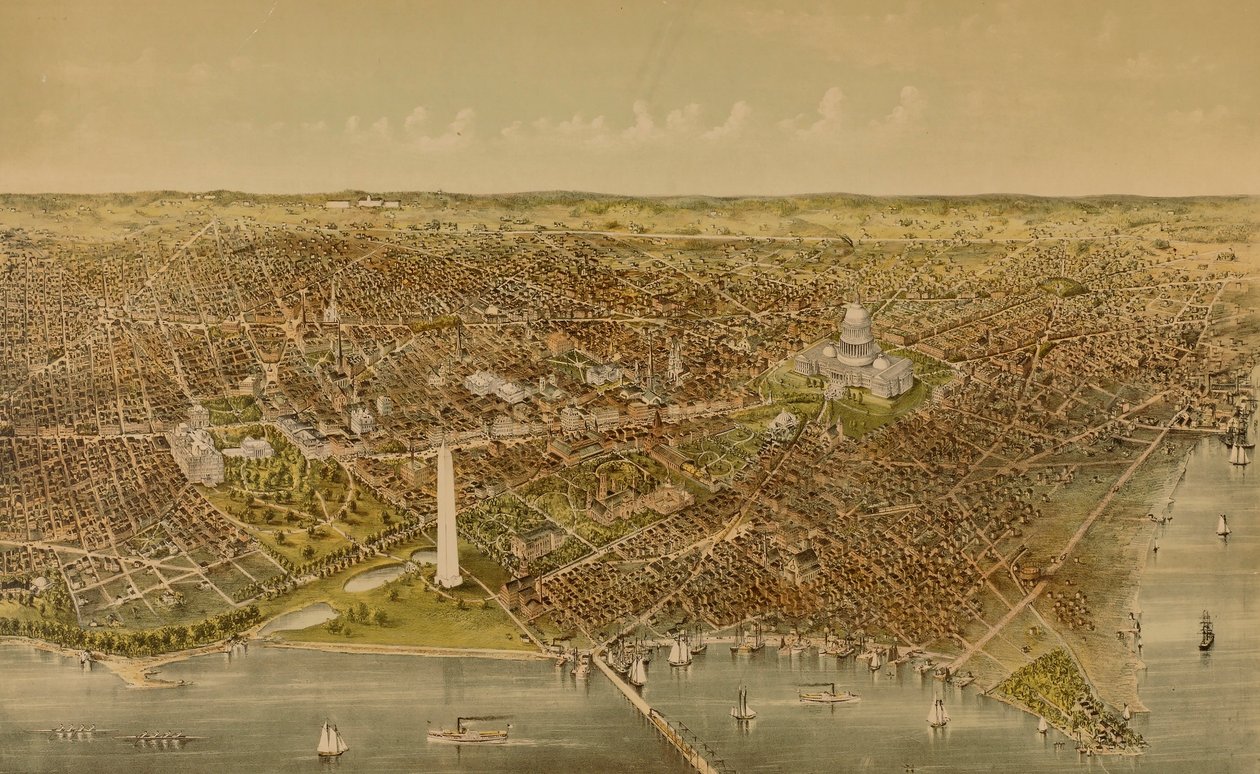 Washington városa (madártávlatból a Potomac felől északra nézve) alkotó: Currier and Ives