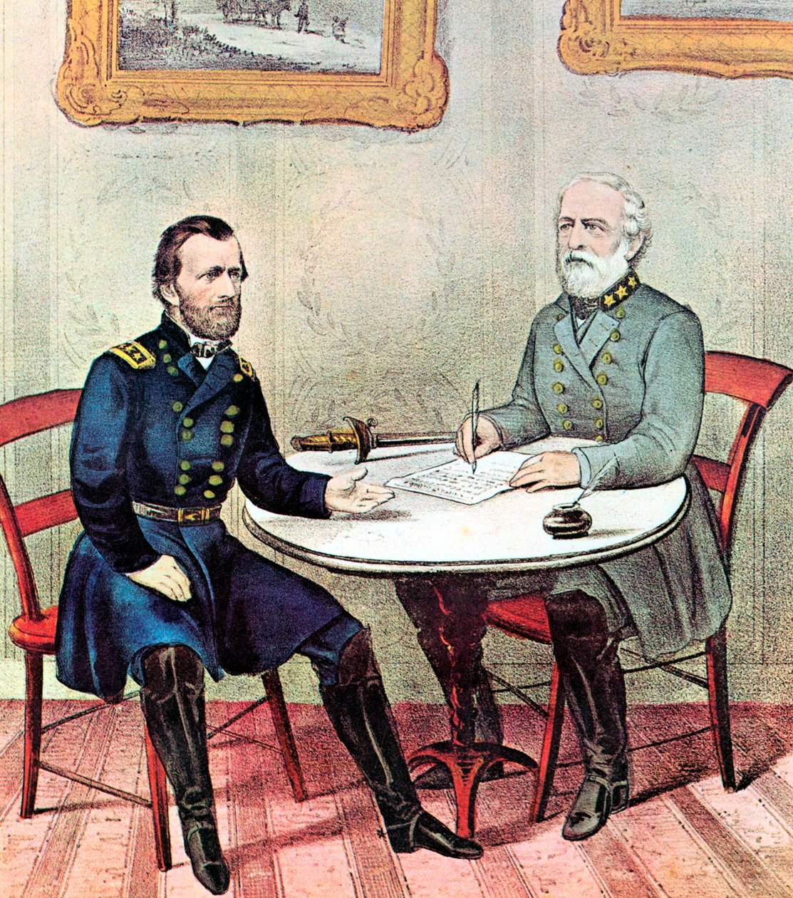 Grant balra és Lee tábornokok találkozója, amerikai polgárháború, 1865 alkotó: Currier and Ives