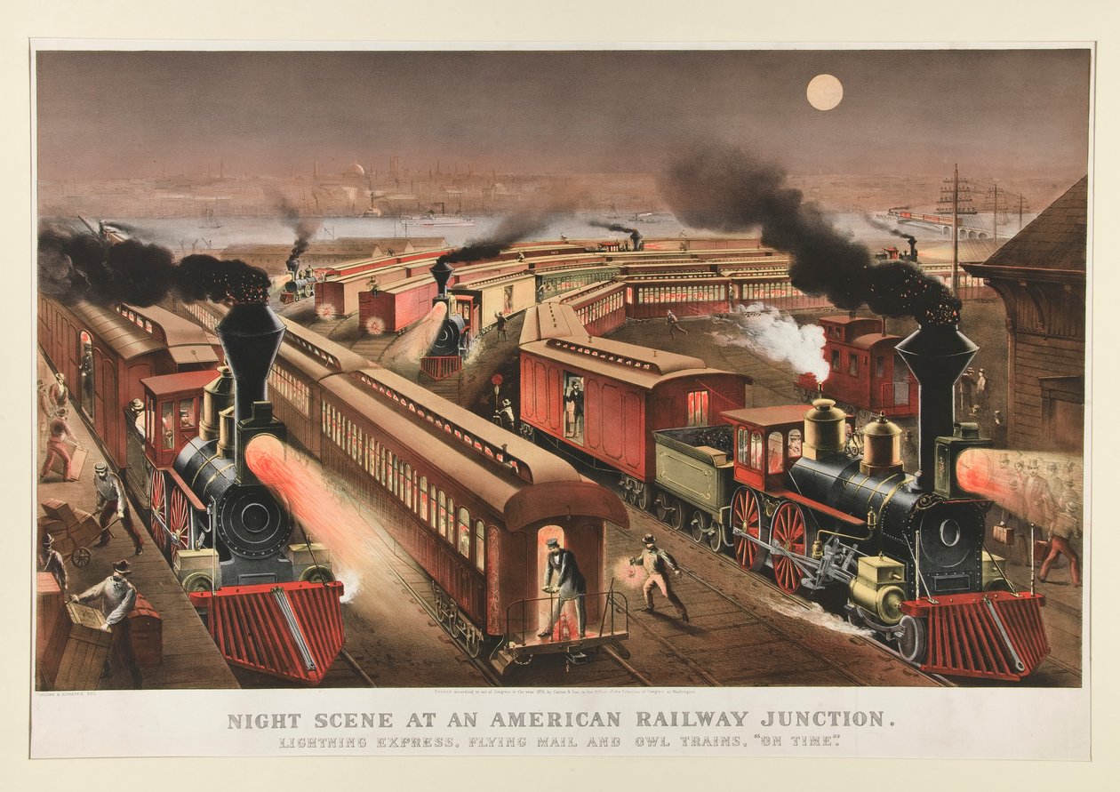 Éjszakai jelenet egy amerikai vasúti csomópontban alkotó: Currier and Ives