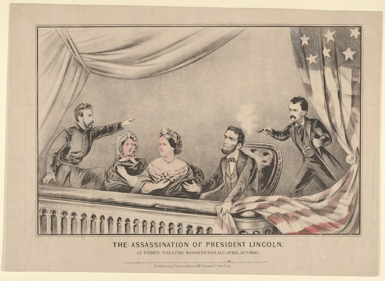 Lincoln elnök meggyilkolása a Fords Theatre-ben, Washington D.C.-ben, 1865. április 14-én. alkotó: Currier and Ives