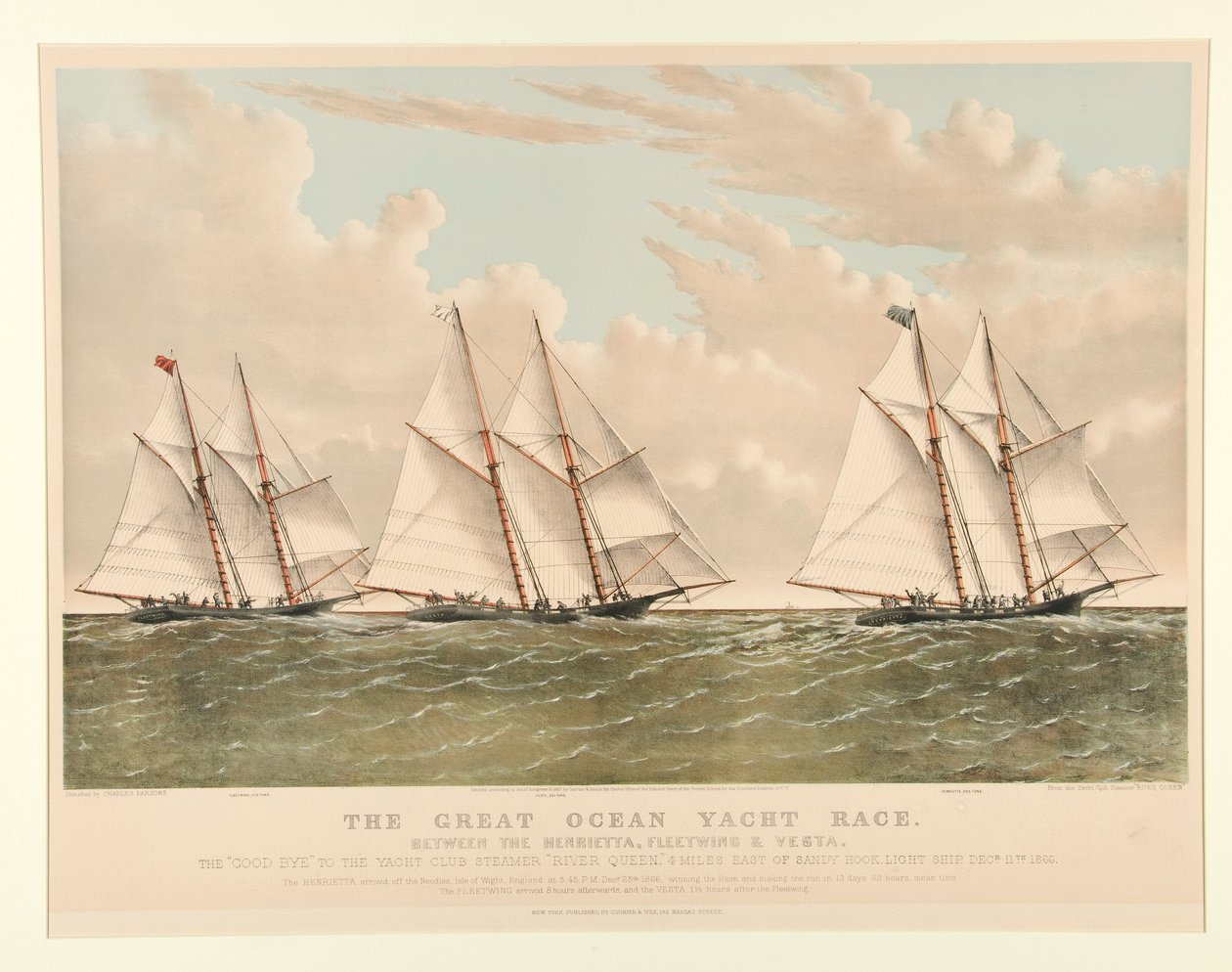 A Great Ocean Yacht verseny a Henrietta, a Fleetwing és a Vesta között alkotó: Currier and Ives