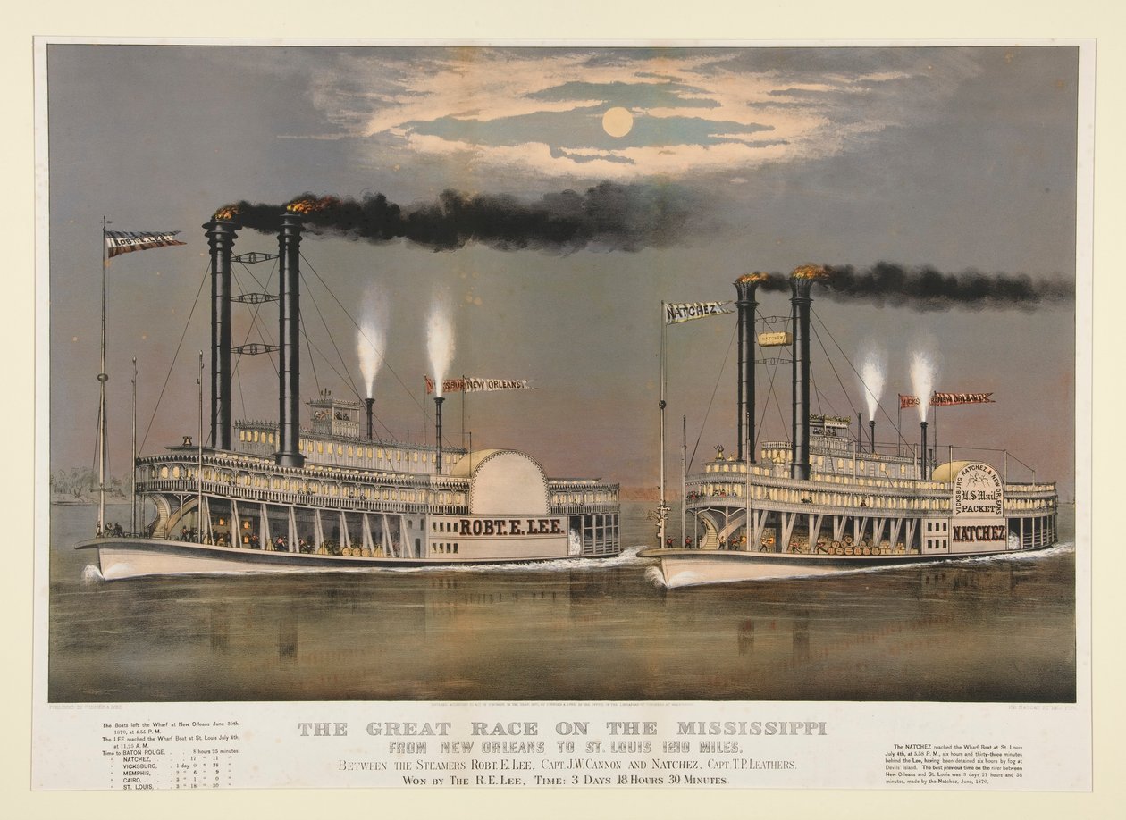 A Nagy Verseny a Mississippin/New Orleans-tól St. Louis-ig 1210 mérföld alkotó: Currier and Ives