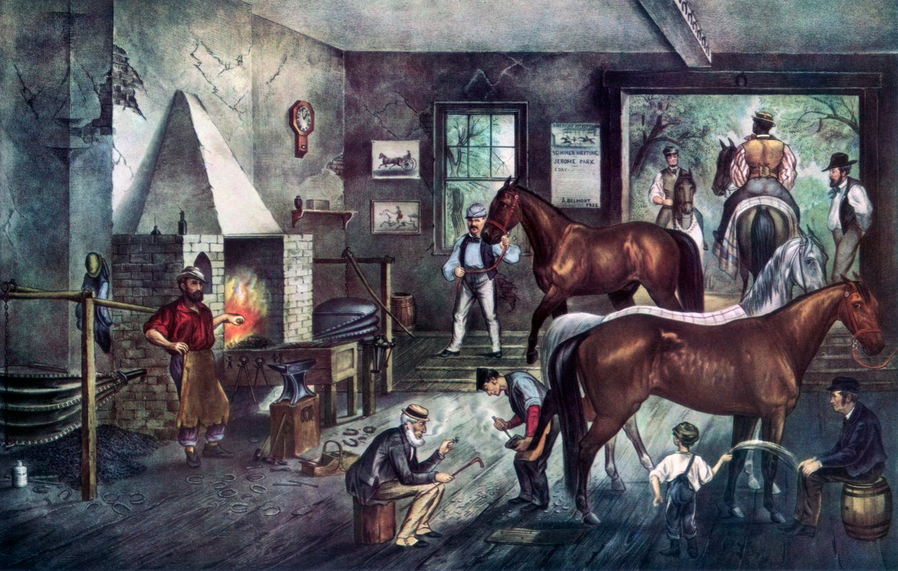 Ügető repedések a kovácsműhelyben, 1869. alkotó: Currier and Ives