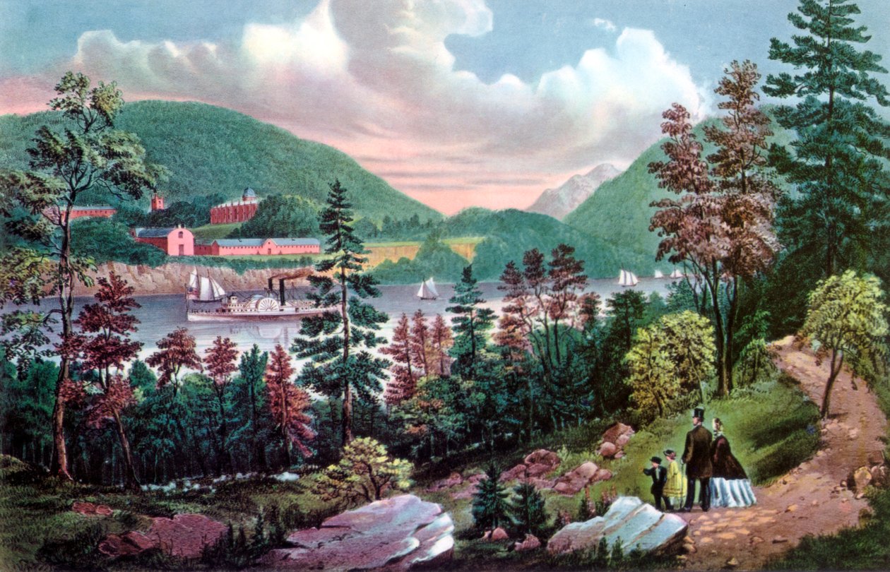 West Point, Amerikai Katonai Akadémia, a szemközti partról, 1862. alkotó: Currier and Ives