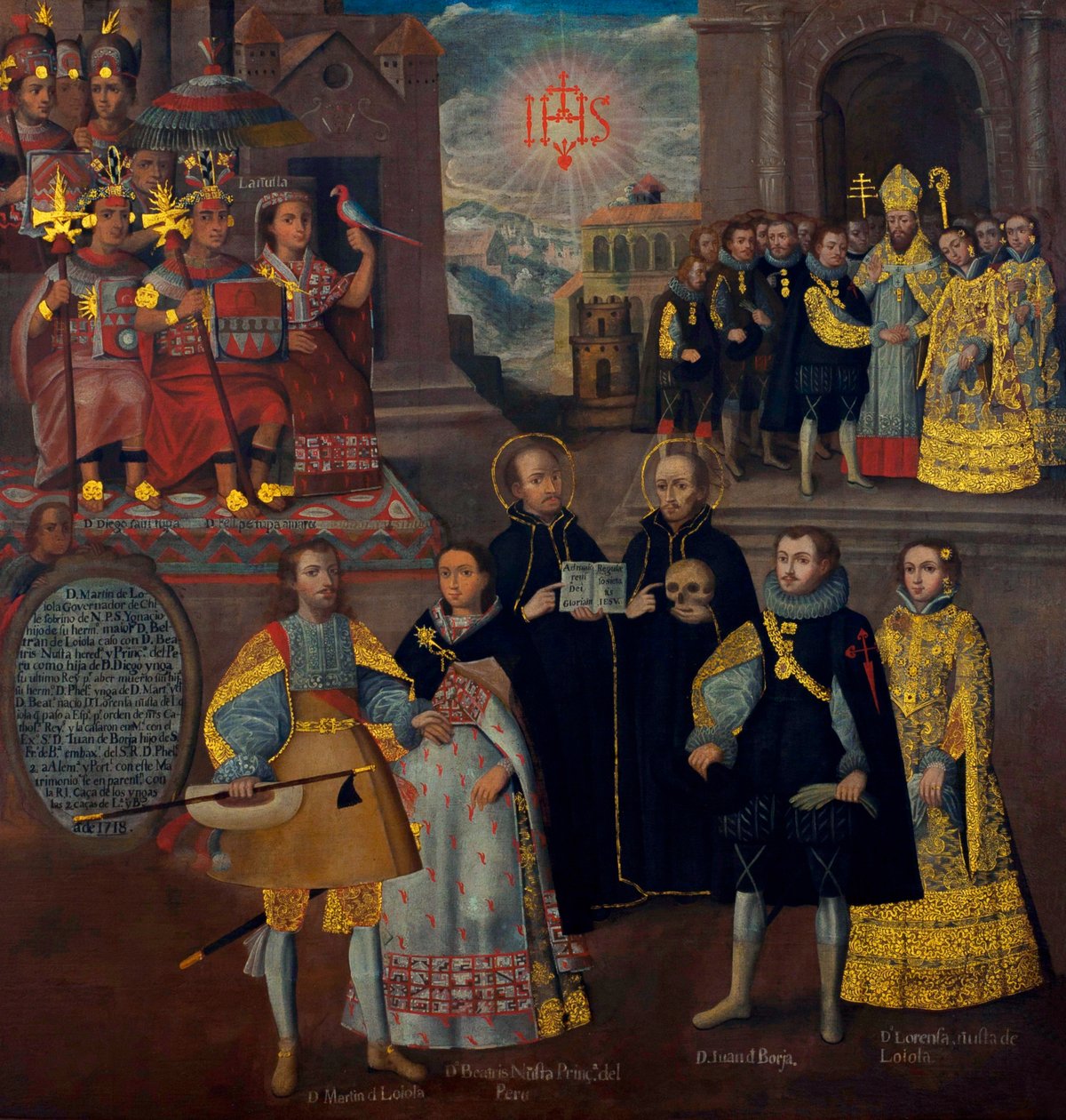 Martín de Loyola és Doña Beatriz Ñusta házassága, valamint Don Juan Borja és Lorenza Ñusta házassága. alkotó: Cuzco School