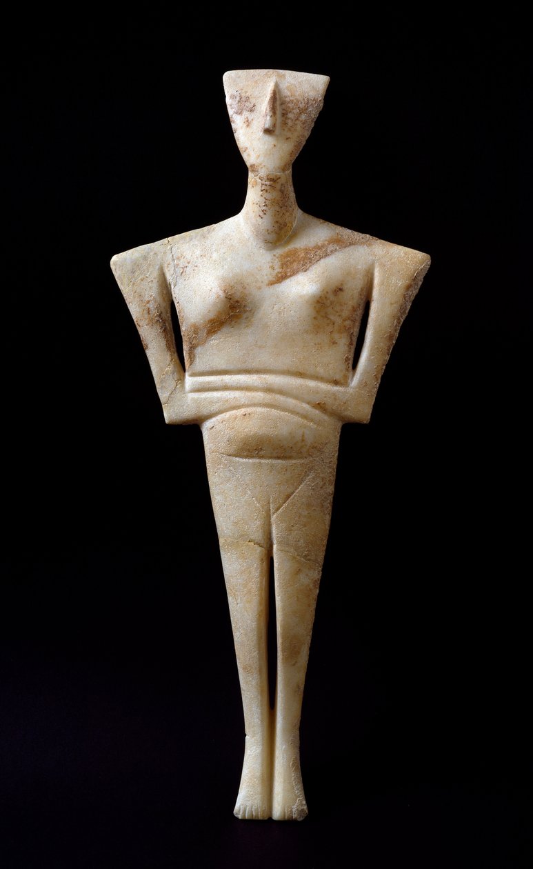 Art of Cyclades: „” női figura””” márványbálvány Syrosból. Kr.e. 3000. Kükladikus civilizáció (-3200 és -2000) V. 46 cm Athénész, Országos Régészeti Múzeum - Női bálvány, Syrosból - Márványszobor (H.46 cm), cikládikus kultúrkör, Kr.e. 3000 körül - Nati alkotó: Cycladic