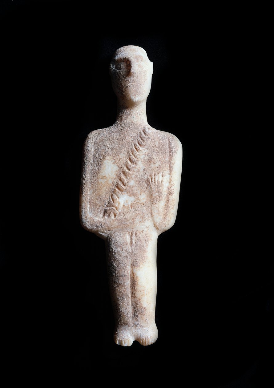 Férfi bálvány, sematikus figura. Fehér márvány szobor okker inkrusztációkkal, ie 3200-2000 alkotó: Cycladic Cycladic