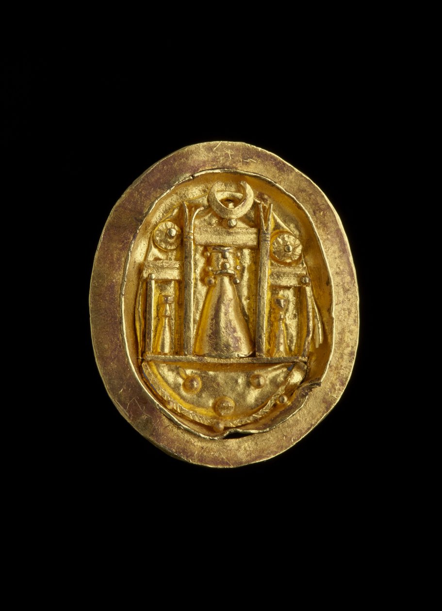 Arany ujjgyűrű Aphrodité páfosi szentélyét ábrázoló foglalattal, római kor (Ciprus) Kr.e. 50-330 körül (arany) alkotó: Cypriot