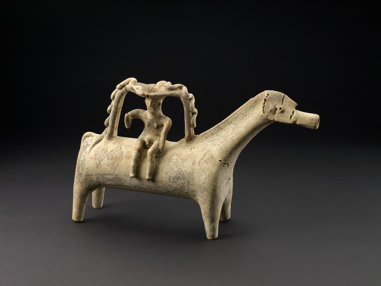 Terrakotta lóriton lovassal a fogantyú részeként a háton, késő ciprusi IIIB időszak, ie 1125-1050 körül (kerámia) alkotó: Cypriot