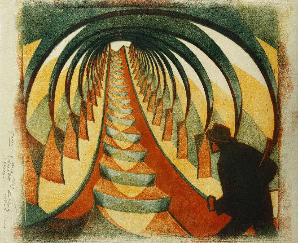 A mozgólépcső, c. 1929 (Vékony Japánra színes linómetszet) alkotó: Cyril Edward Power