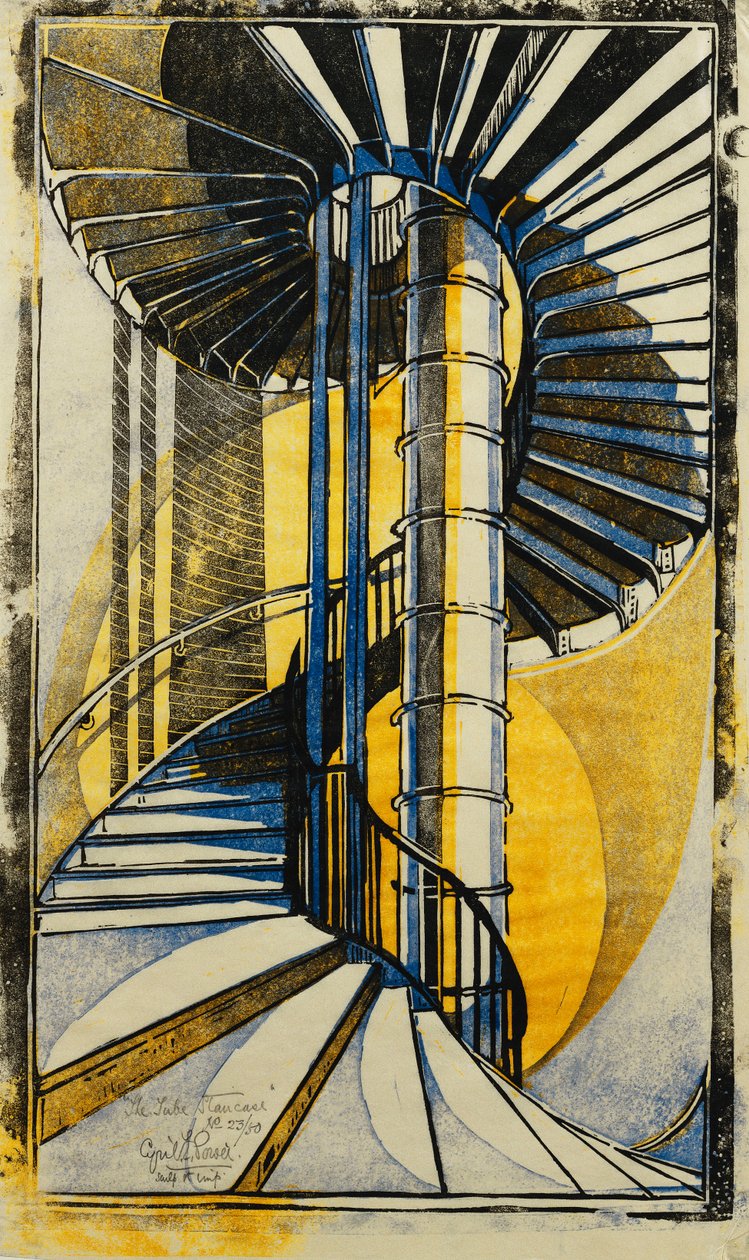 The Tube Staircase, 1930 körül (linómetszet színes papírzsebkendőre Japánban) alkotó: Cyril Edward Power