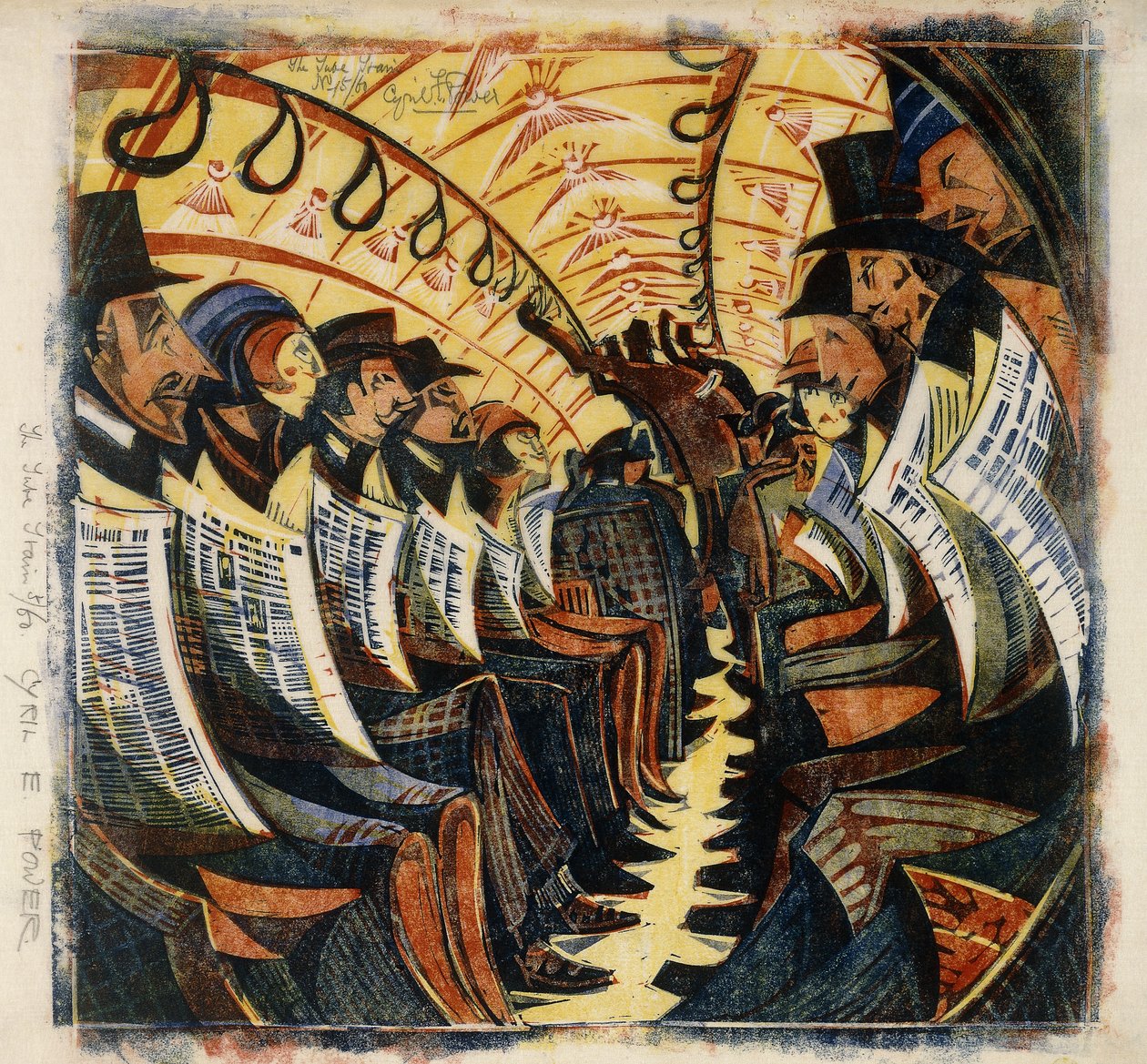 The Tube Train, 1930 körül (linómetszet, színes papírzsebkendőre nyomtatva) alkotó: Cyril Edward Power