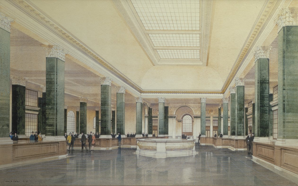 A Midland Bank földszinti belső tere, London alkotó: Cyril Farey