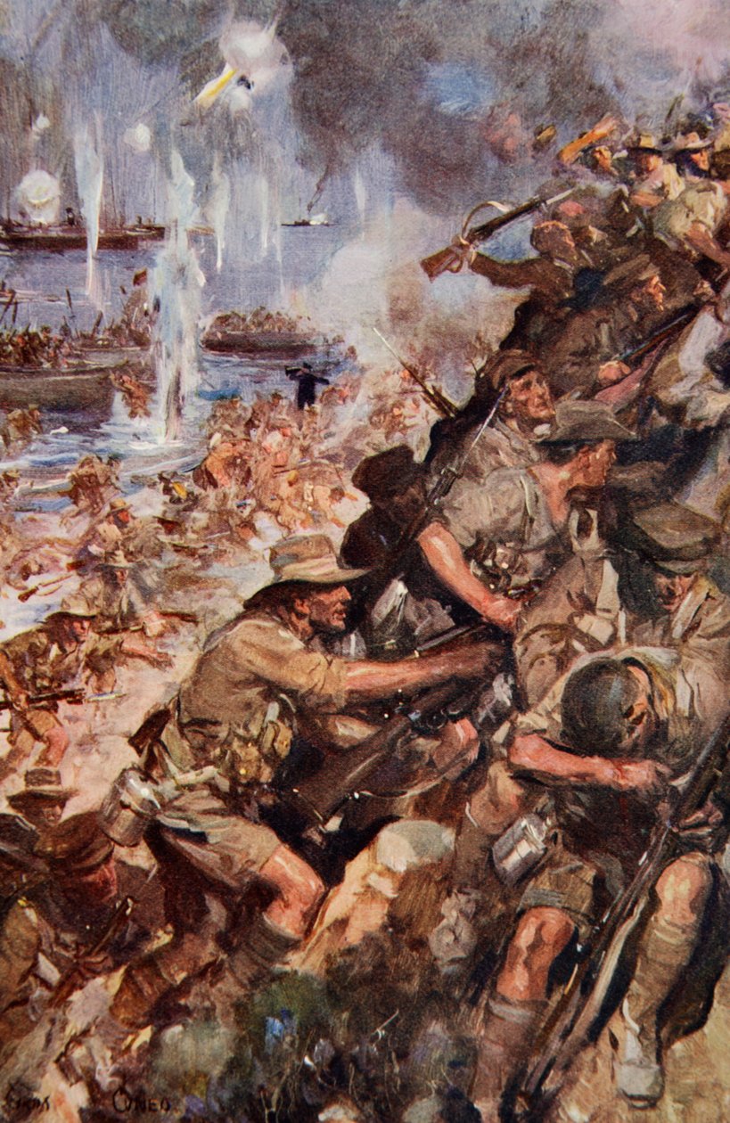 „Midst Shot and Shell megtettük a keskeny tengerpartot”, Gallipoliban landolt, illusztráció a „Told in the Huts: The YMCA Gift Book” című könyvből, 1916-ban. alkotó: Cyrus Cuneo
