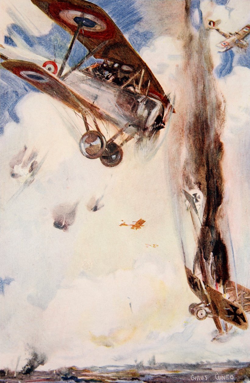„Az ellenség a Földre csapódott a láng és füst oszlopában”, illusztráció a „Told in the Huts: The YMCA Gift Book” című könyvből, 1916-ban. alkotó: Cyrus Cuneo