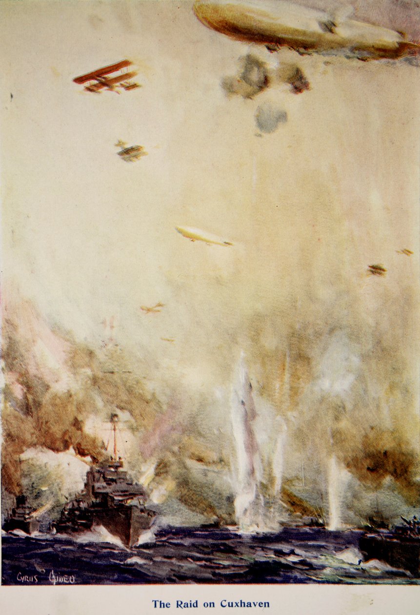 "The Raid on Cuxhaven, 1914 december", illusztráció a "Told in the Huts: The YMCA Gift Book" című könyvből, 1916-ban alkotó: Cyrus Cuneo