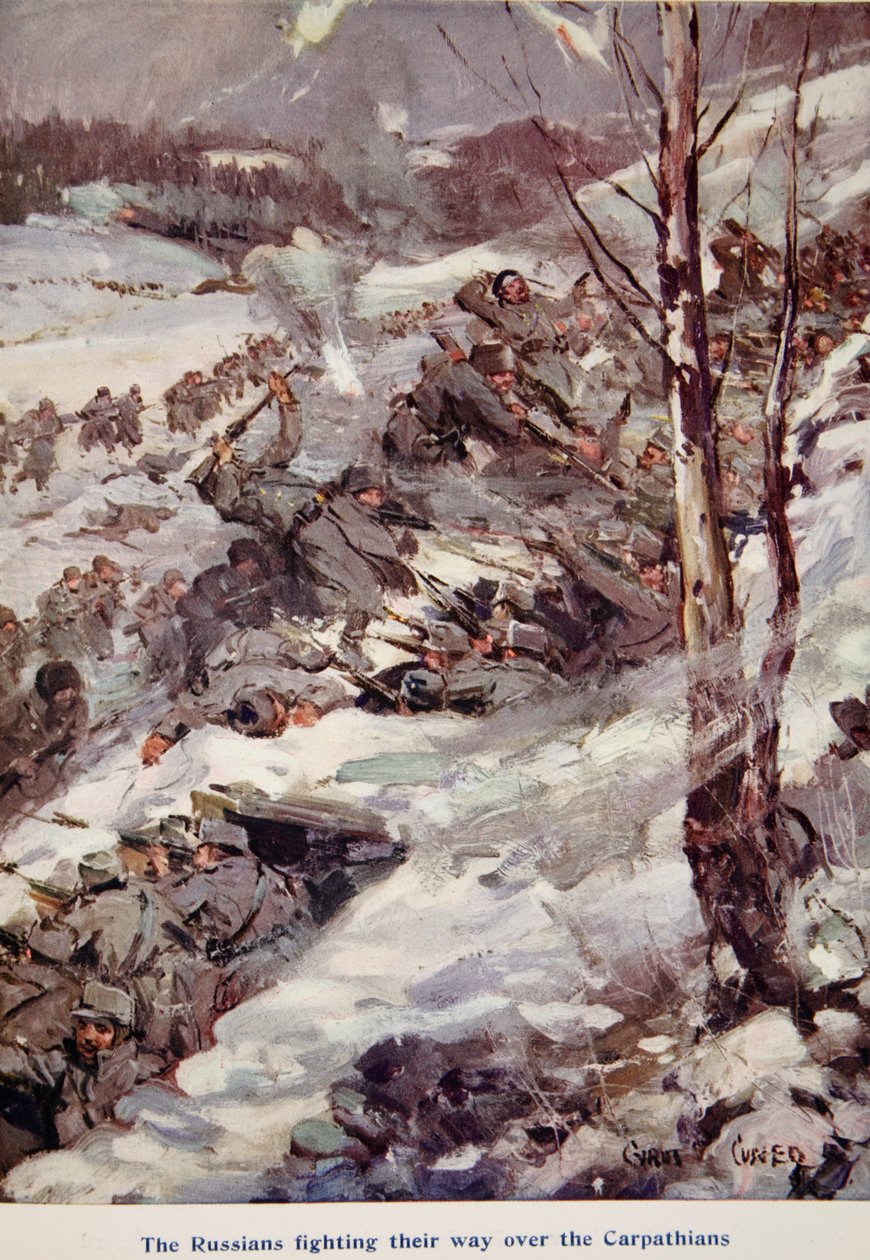 „Az oroszok harcolnak a Kárpátok felett”, illusztráció a „A kunyhókban elmondott: The YMCA Gift Book” című könyvből, 1916. alkotó: Cyrus Cuneo