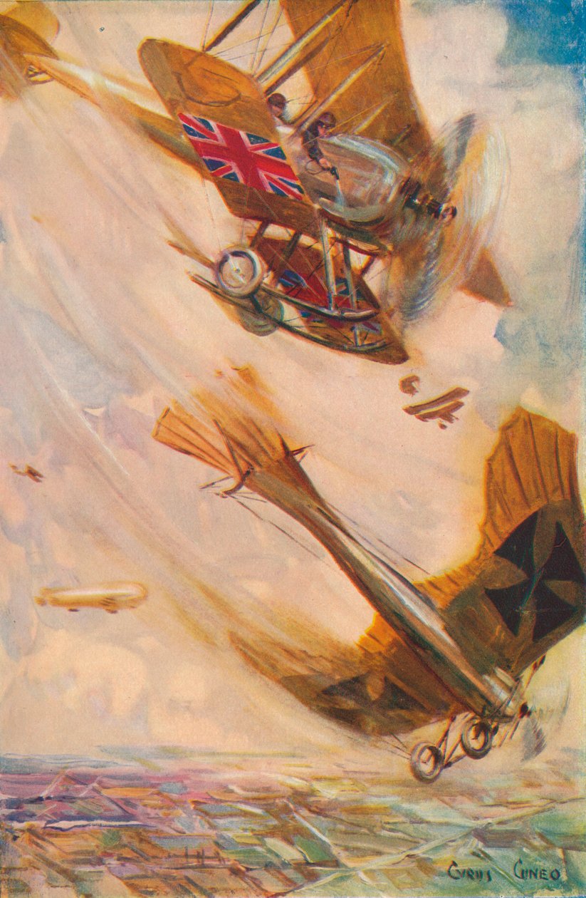 Egy brit kétfedelű repülőgép lezuhant egy német Taube-t, c1916, 1928 alkotó: Cyrus Cuneo