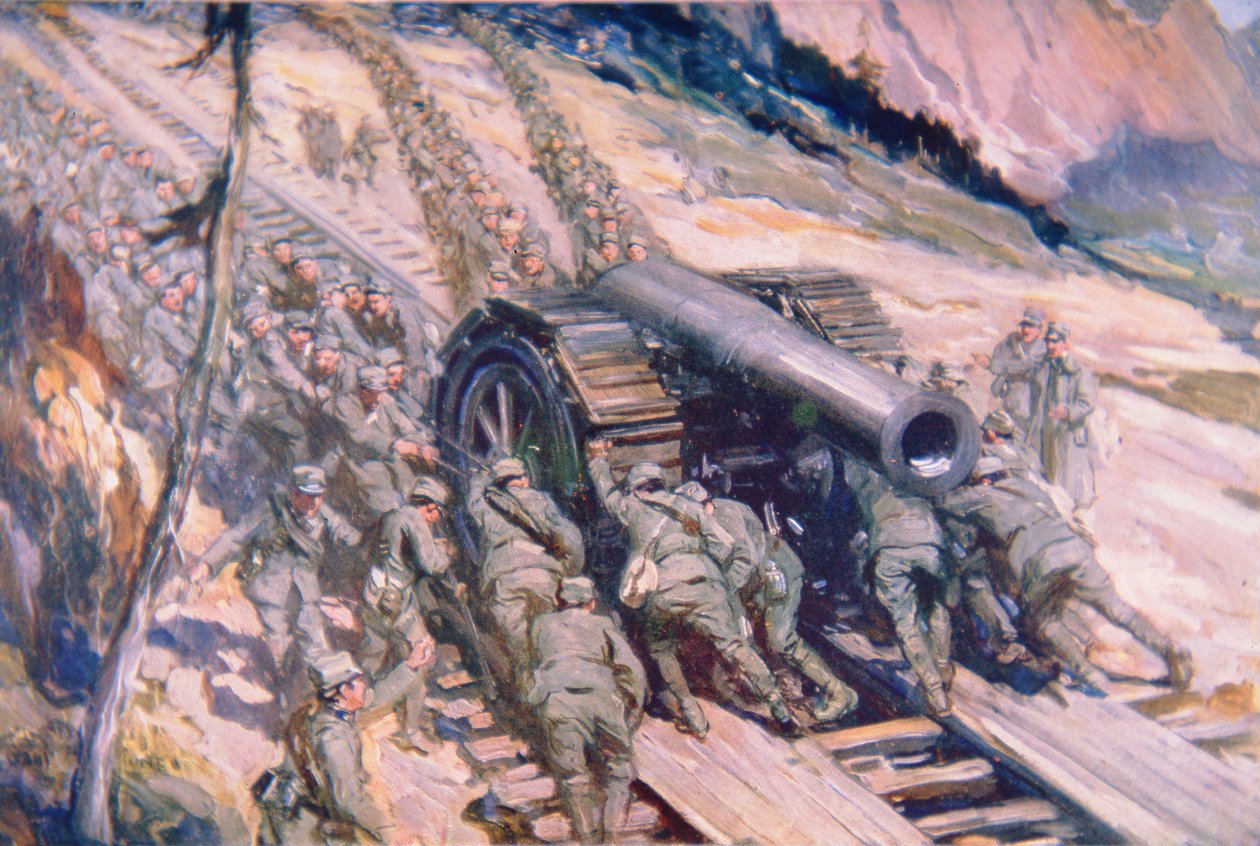Olaszok tüzérséget hurcolnak fel a hegyre (színes litho) alkotó: Cyrus Cuneo