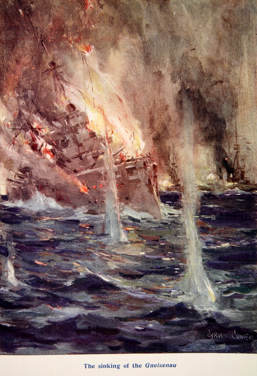 „A Gneisenau elsüllyedése”, illusztráció a „A kunyhókban elmondott: The YMCA Gift Book” című könyvből, 1916-ban alkotó: Cyrus Cuneo
