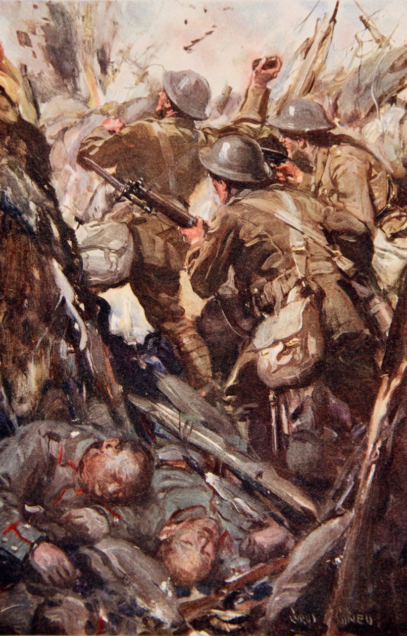 „Bombázott és szuronyos úton haladt felfelé az ellenséges lövészárokban” – illusztráció az 1916-ban megjelent „Told in the Huts: The YMCA Gift Book” című könyvből. alkotó: Cyrus Cuneo