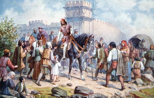 IV. Károly a hétköznapi embereket köszönti a prágai erődítmények 1361-es bővítése során, a huszadik század eleji képeslap (színes litó) alkotó: Czech School
