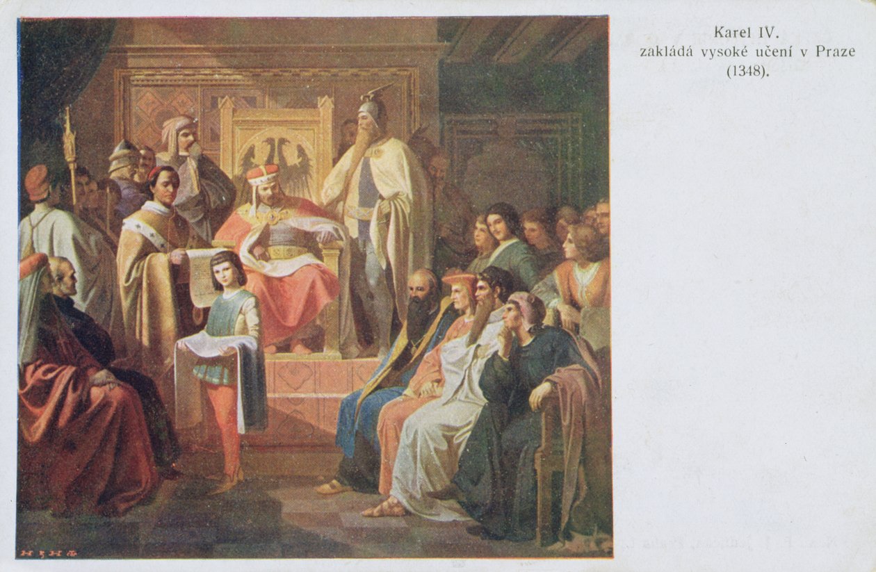 A prágai Német Egyetem megalapítása IV. Károly által 1348-ban, a huszadik század eleji képeslap alkotó: Czech School