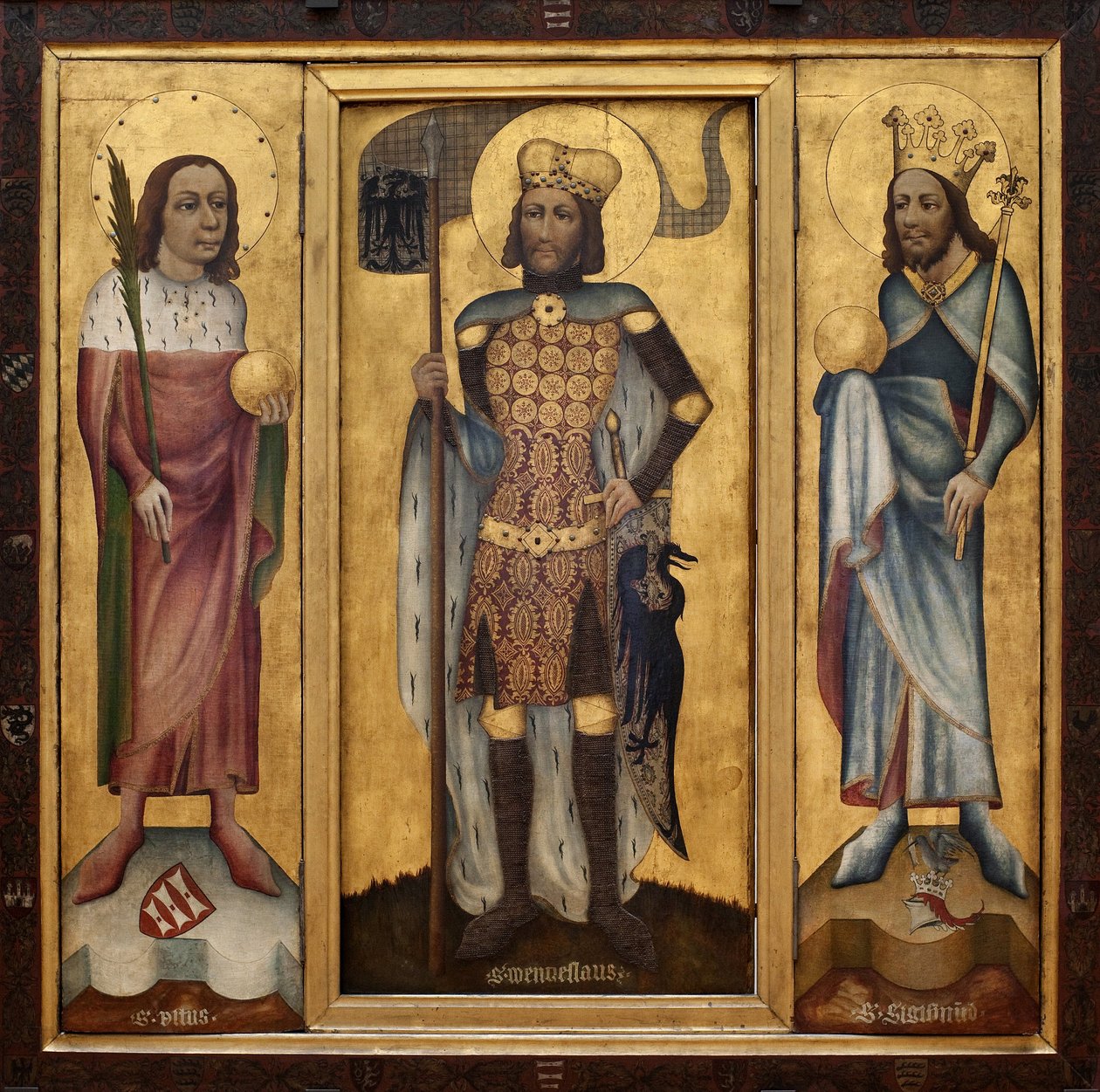Muhlhausen oltárkép (vagy prágai oltárkép). Nyitott oltárkép, Bohém három fő szentjével: Szent Vitus (Szent Fiú), pálmával és földgömbbel, Szent Vencel (vagy Vencel, Bohém hercege, kb. 907-929) hálómérettel és dekorral. alkotó: Czech School