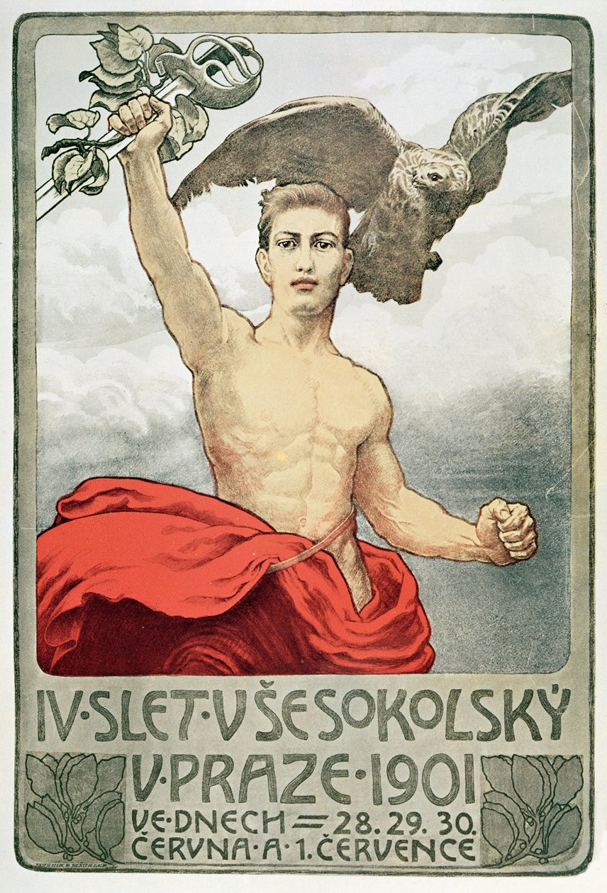 Plakát, amely az 1901-es prágai szokolok 4. közgyűlését hirdeti alkotó: Czech School