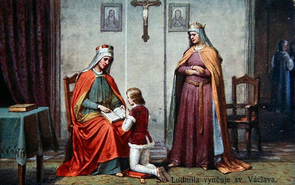 Ludmilla nagymamája Szent Vencel nevelése, huszadik század eleji képeslap (színes litó) alkotó: Czech School