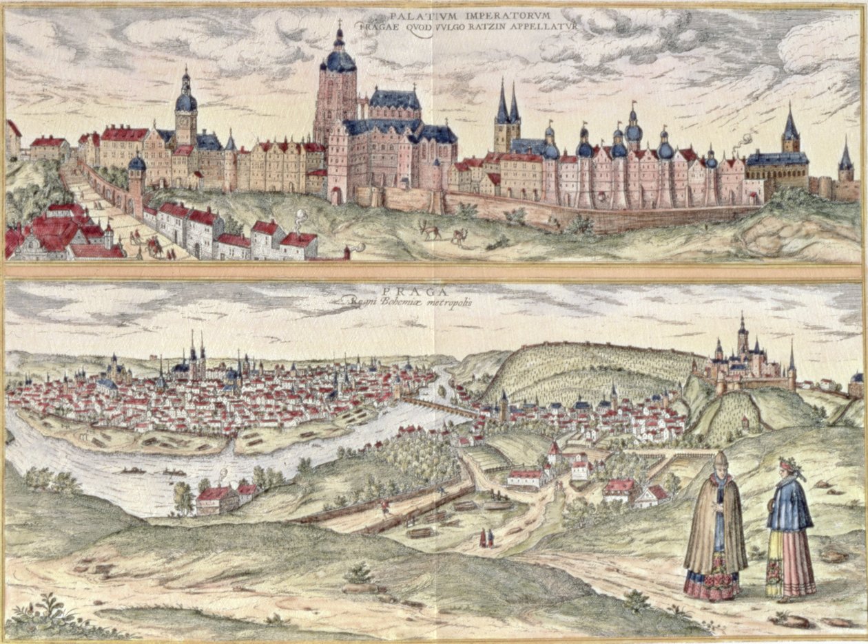 Prágai kilátás, amelyen (fent) a császári palota (Hradschin) és (lent) a Moldva folyó látható, amely elválasztja a város régi és modern részét (metszet) alkotó: Czech School