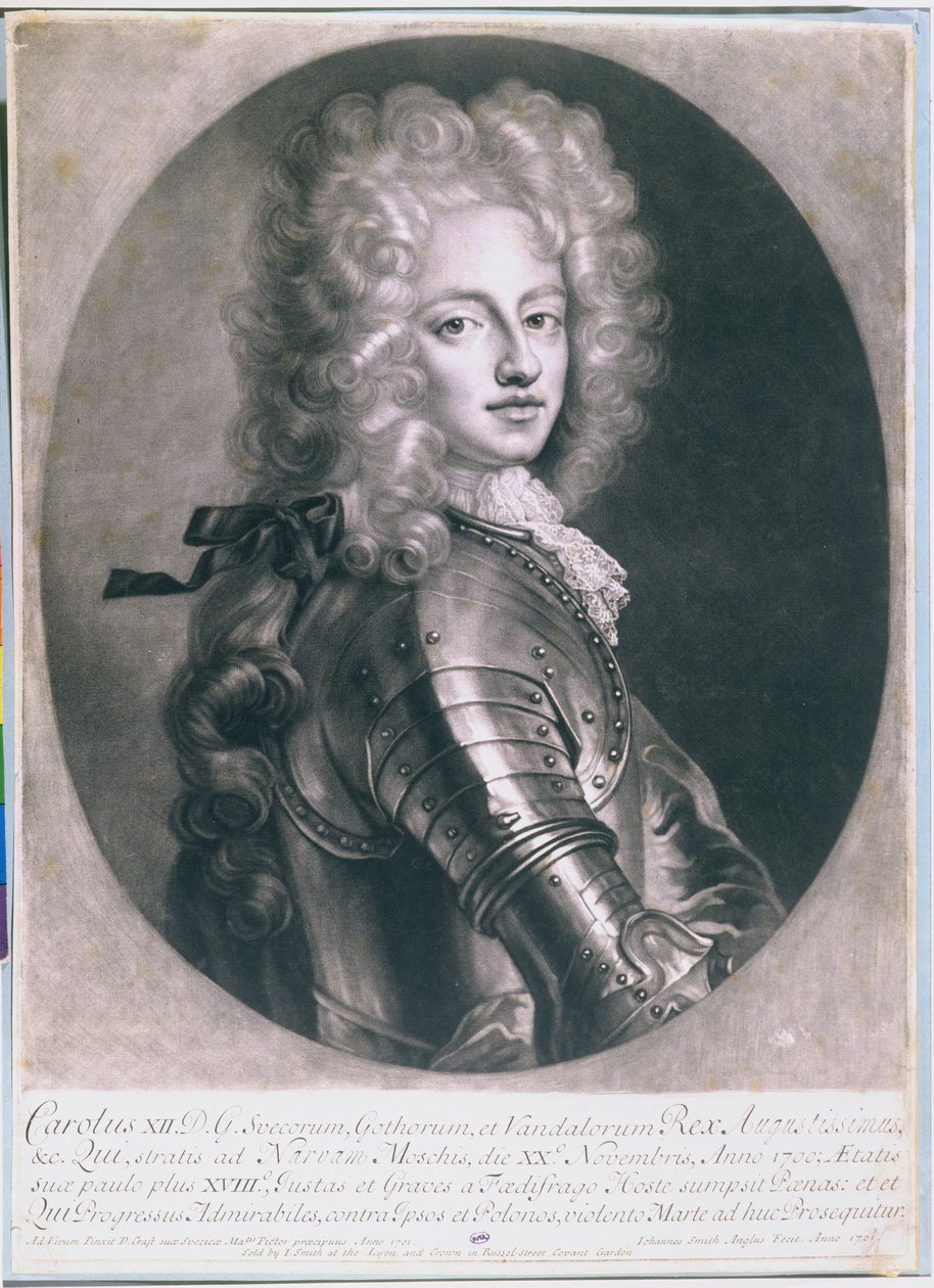 XII. Károly svéd király (1682-1718), John Smith metszete, 1701. alkotó: D. Craft