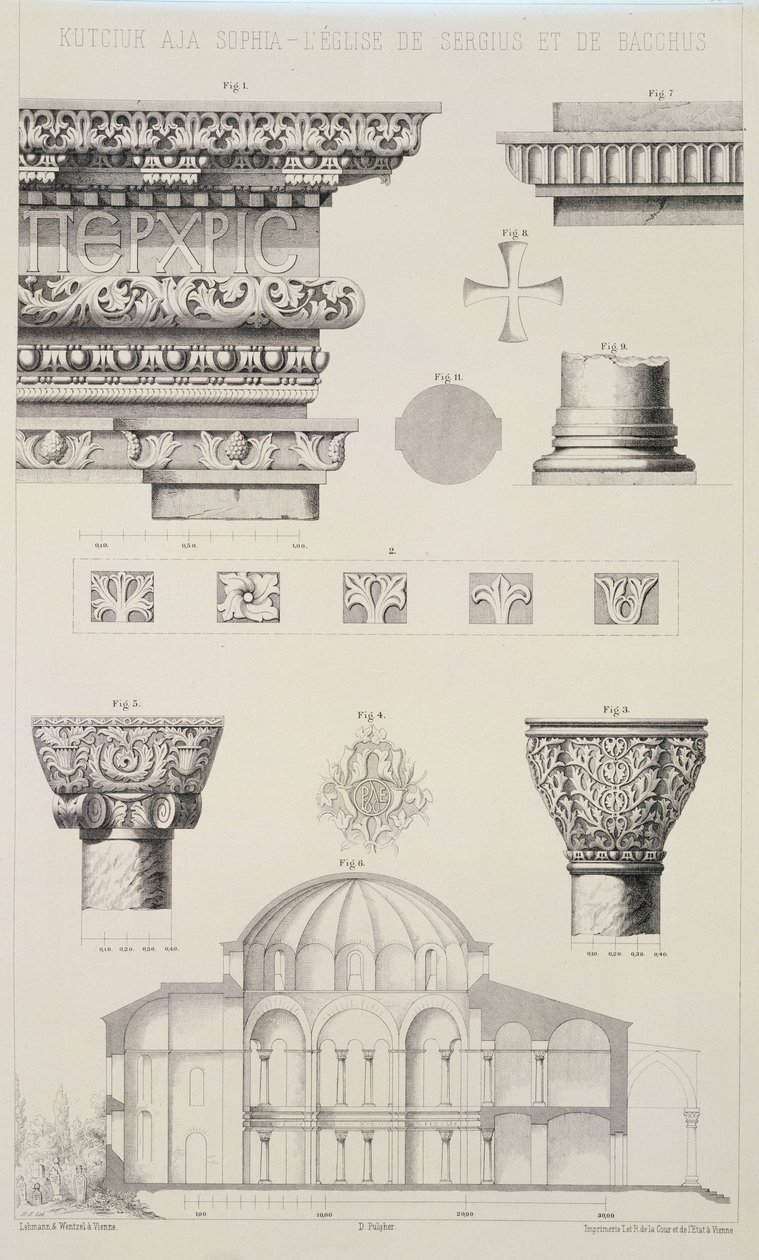 A Kutciuk Aja Sophia, a Sergius és Bacchus templom keresztmetszete és építészeti részletei, a "Church Architecture of Constantinople" (Konstantinápoly templomépítészete) című kiadványból, Lehmann és Wentzel, Bécs, 1870-80 körül. alkotó: D. Pulgher