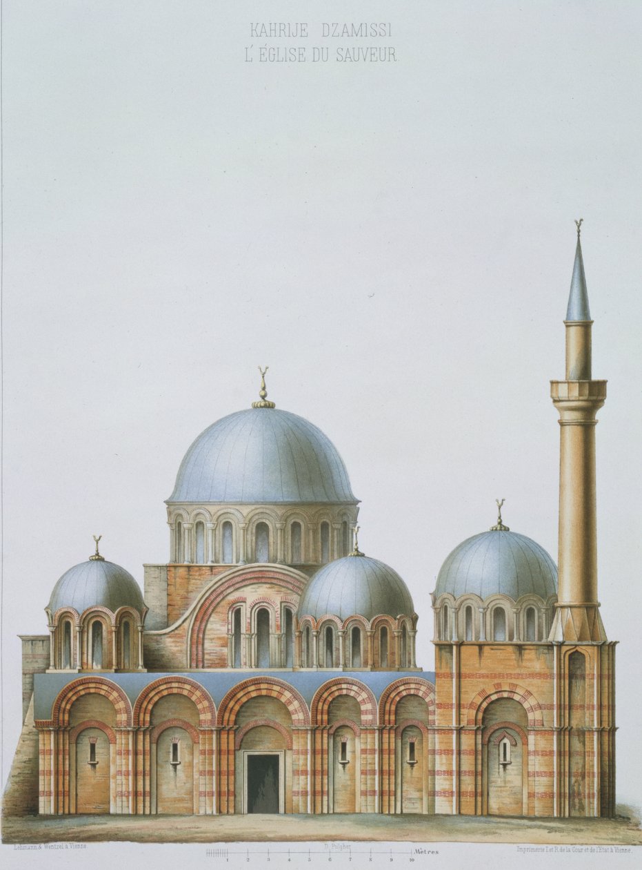 Kahrije Dzamissi, a Megváltó templom homlokzata, a "Church Architecture of Constantinople" című könyvből, kiadó: Lehmann és Wentzel, Bécs, 1870-80 körül. alkotó: D. Pulgher