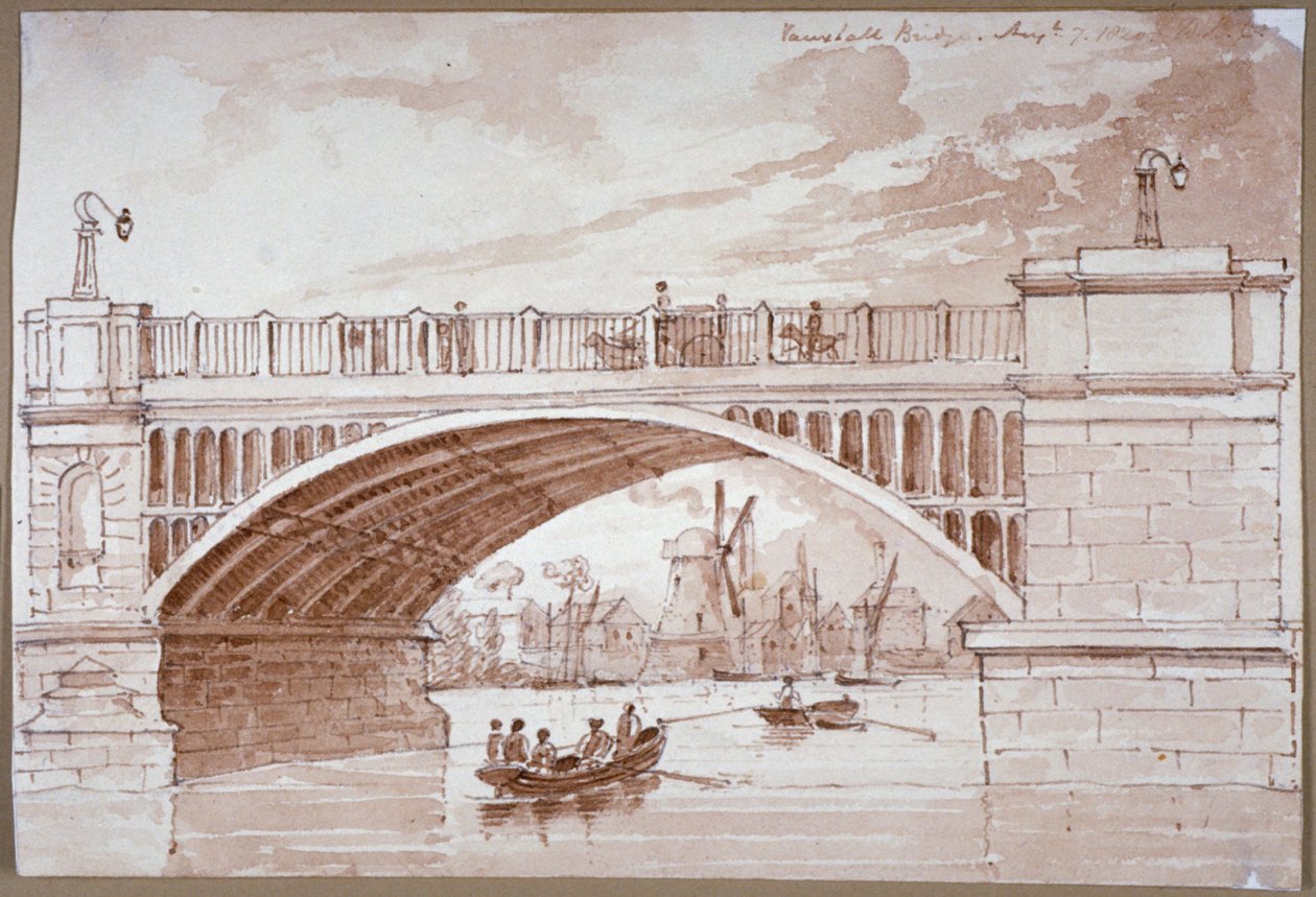 Kilátás egy kis hajóra, amely a Vauxhall híd alatt halad el, London, 1820. alkotó: DHC