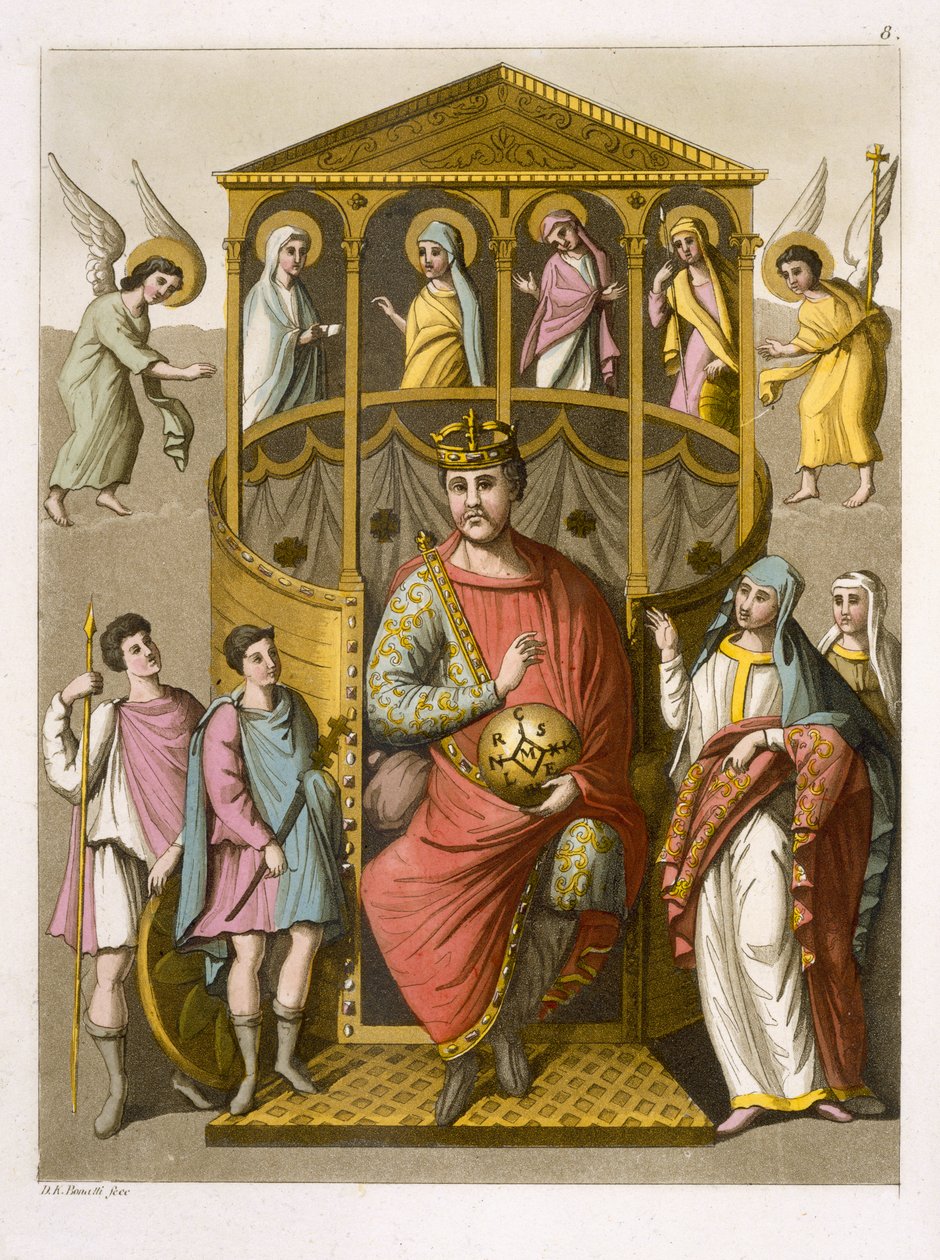 II. Károly (823-77) Kopasz, a Colberg Library-beli kézirat után, Jules Ferrario „Le Costume Ancien et Moderne” 8. táblája, az 1820-as és 30-as évek körül megjelent. alkotó: D.K. Bonatti