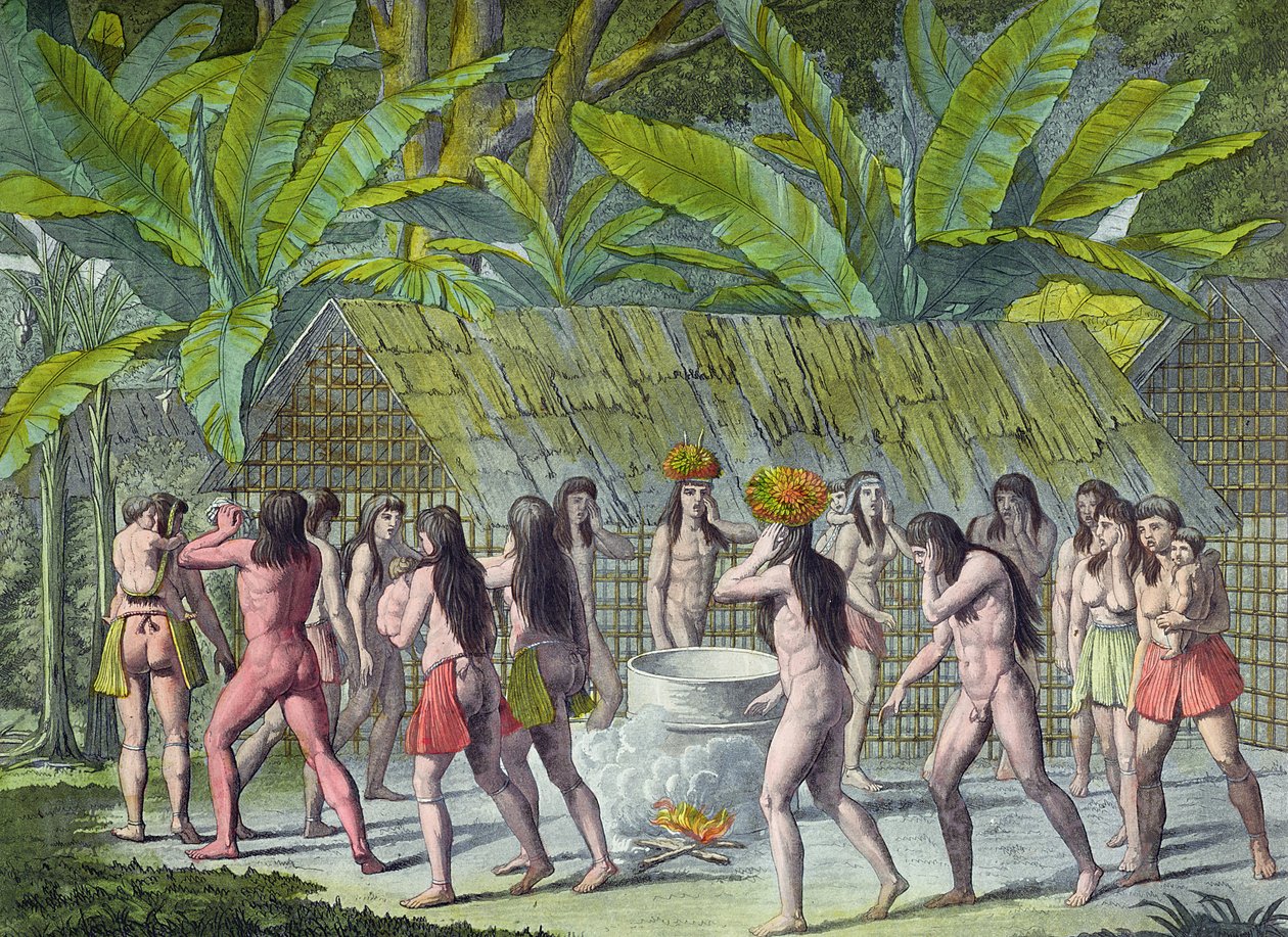 A Camacani indiánok tánca, Brazília, Jules Ferrario „Le Costume Ancien et Moderne” című művéből, 1819-ben (színes metszet) (lásd még: 109034) alkotó: D.K. Bonatti