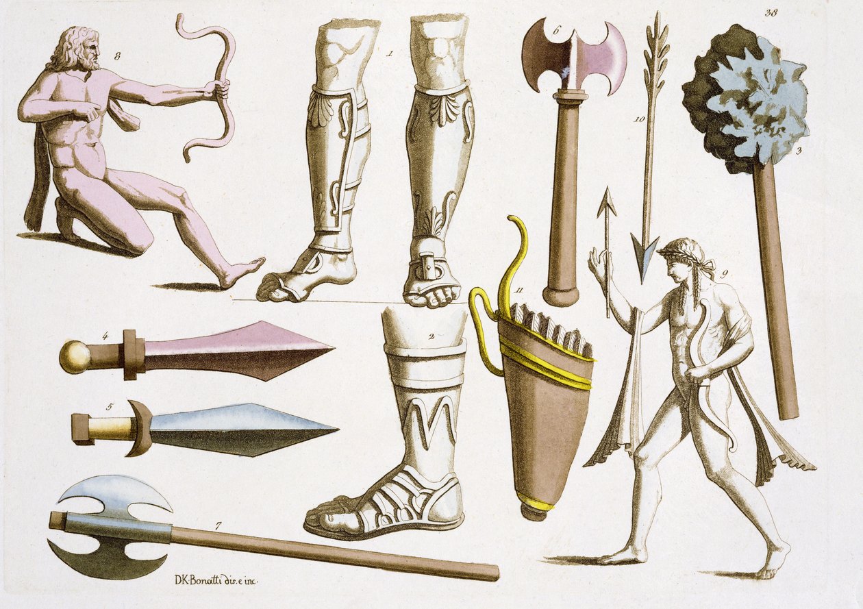 Görög katonák, fegyverek és páncélok, 38. tábla Jules Ferrario "Le Costume Ancien et Moderne" című, 1820-30-as évek körül kiadott művéből. alkotó: D.K. Bonatti
