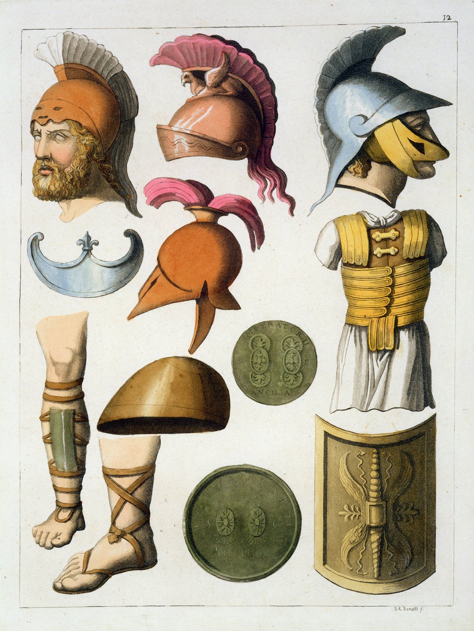 Római katonai felszerelés, Jules Ferrario "Le Costume Ancien et Moderne" című művéből, kiadva az 1820-30-as években. alkotó: D.K. Bonatti