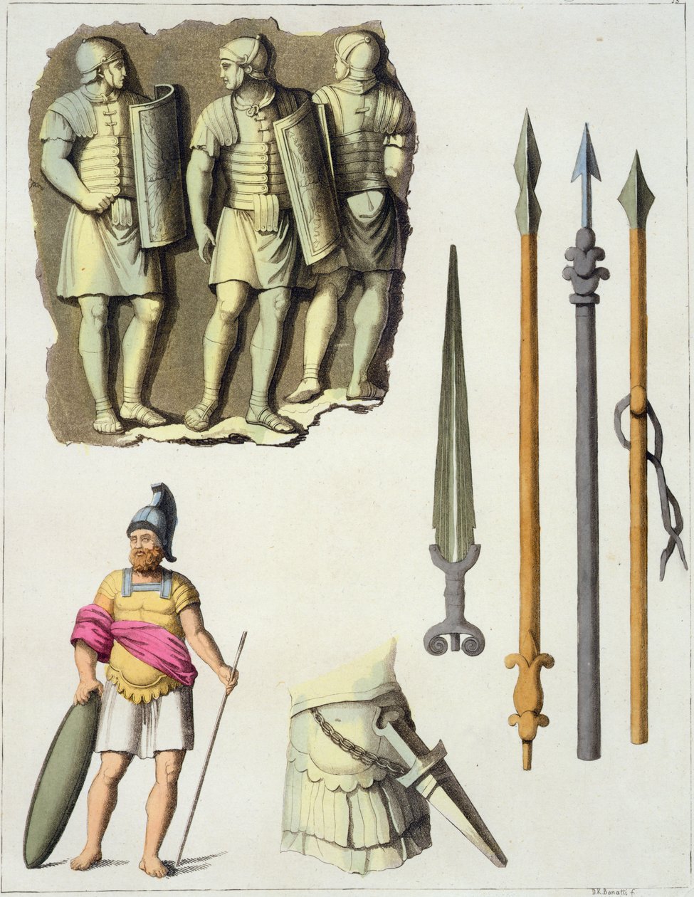 Római légiósok egyenruhája és fegyverei Jules Ferrario „Le Costume Ancien et Moderne” című könyvéből, az 1820-as és 30-as évek körül megjelent alkotó: D.K. Bonatti